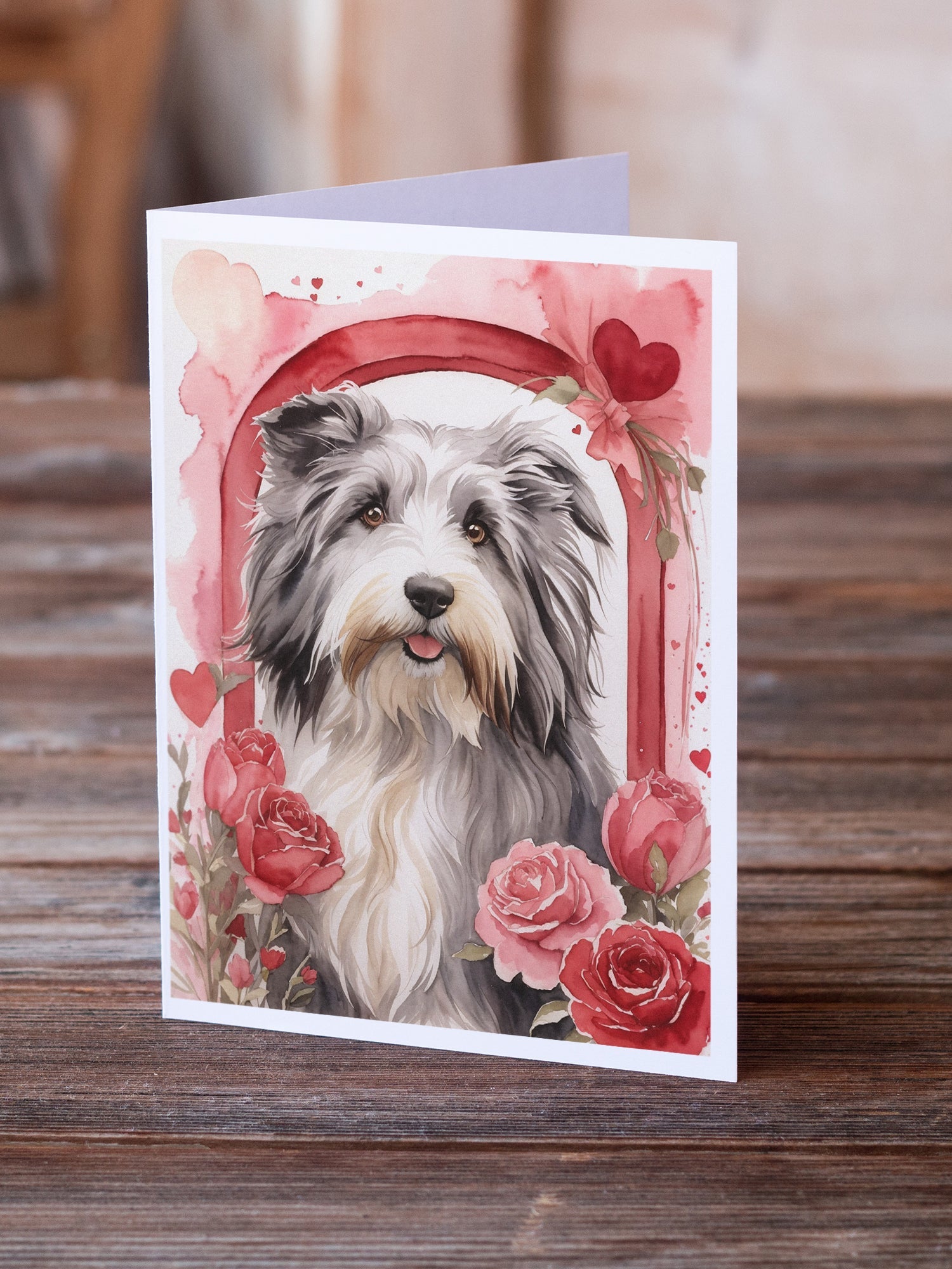 Bearded Collie Valentine Roses Greeting Cards Pack of 8 Blank Cards with Envelopes Whimsical A7 Size 5x7