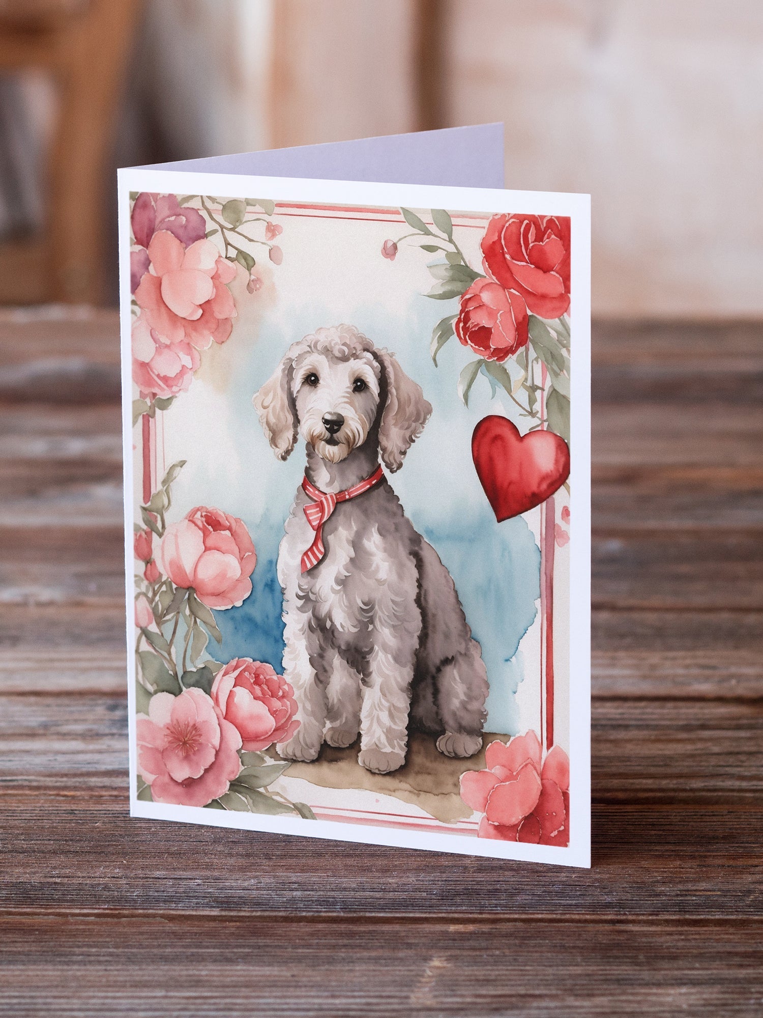 Bedlington Terrier Valentine Roses Greeting Cards Pack of 8 Blank Cards with Envelopes Whimsical A7 Size 5x7
