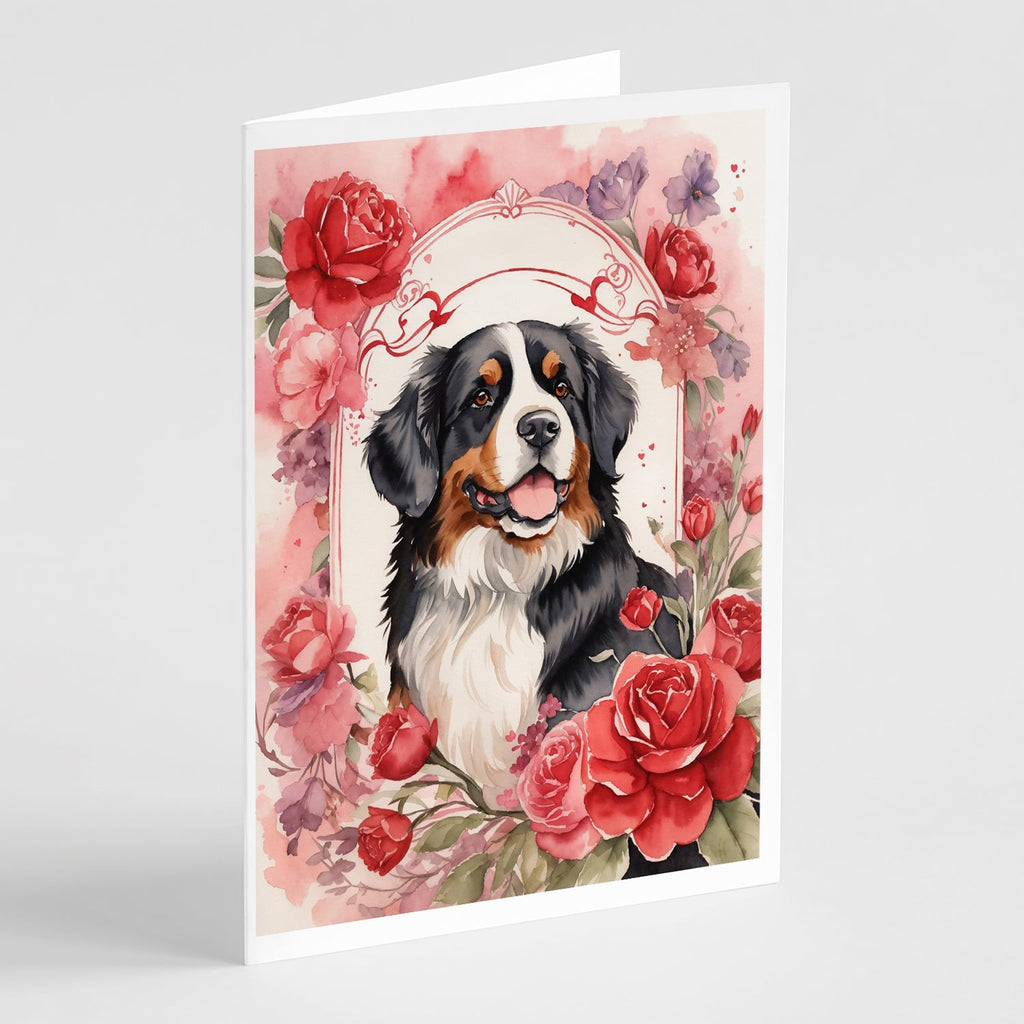 Bernese Mountain Dog Valentine Roses Greeting Cards Pack of 8 Blank Cards with Envelopes Whimsical A7 Size 5x7