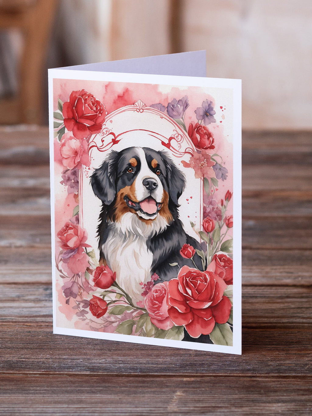 Bernese Mountain Dog Valentine Roses Greeting Cards Pack of 8 Blank Cards with Envelopes Whimsical A7 Size 5x7