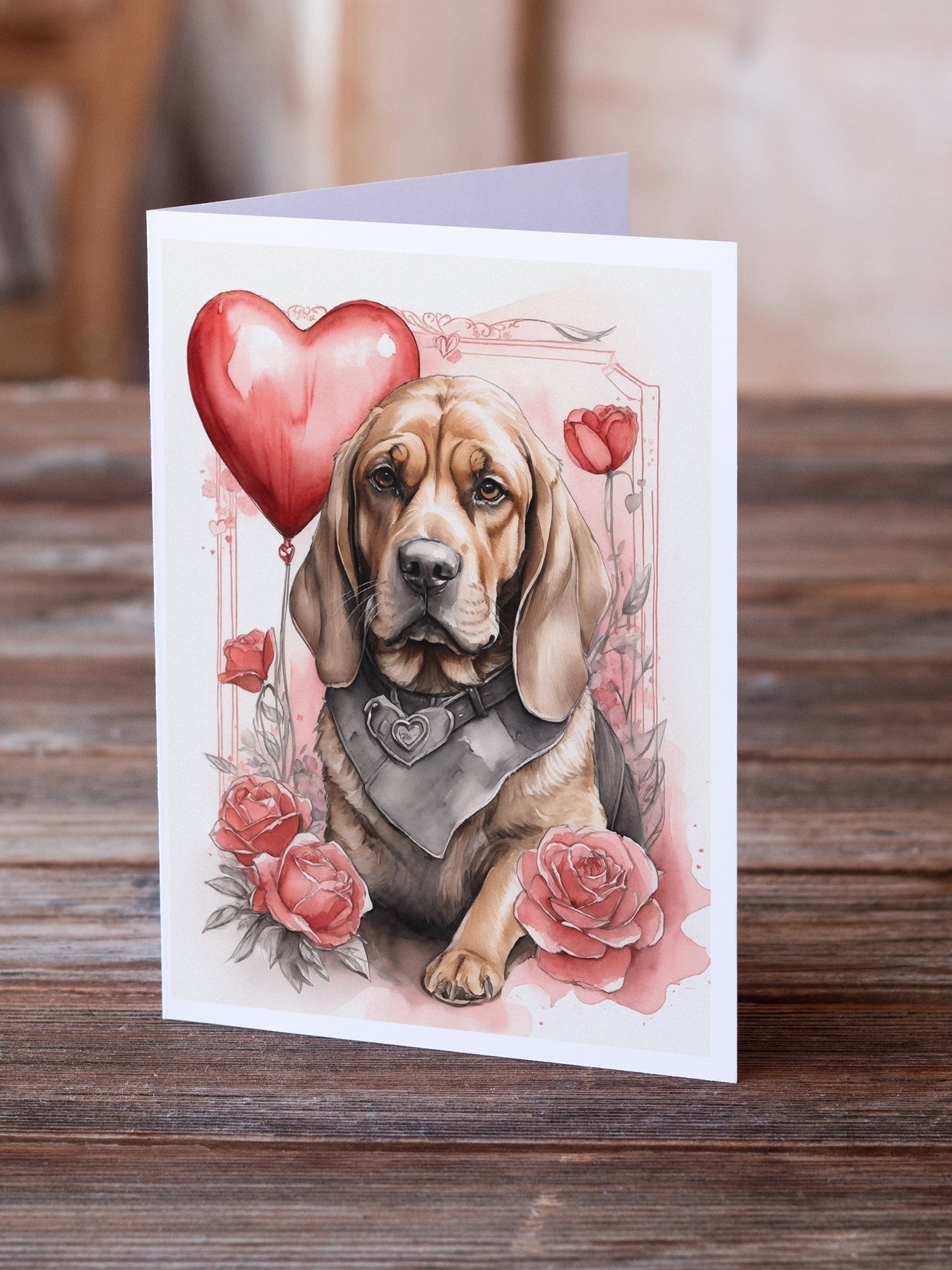 Bloodhound Valentine Roses Greeting Cards Pack of 8 Blank Cards with Envelopes Whimsical A7 Size 5x7