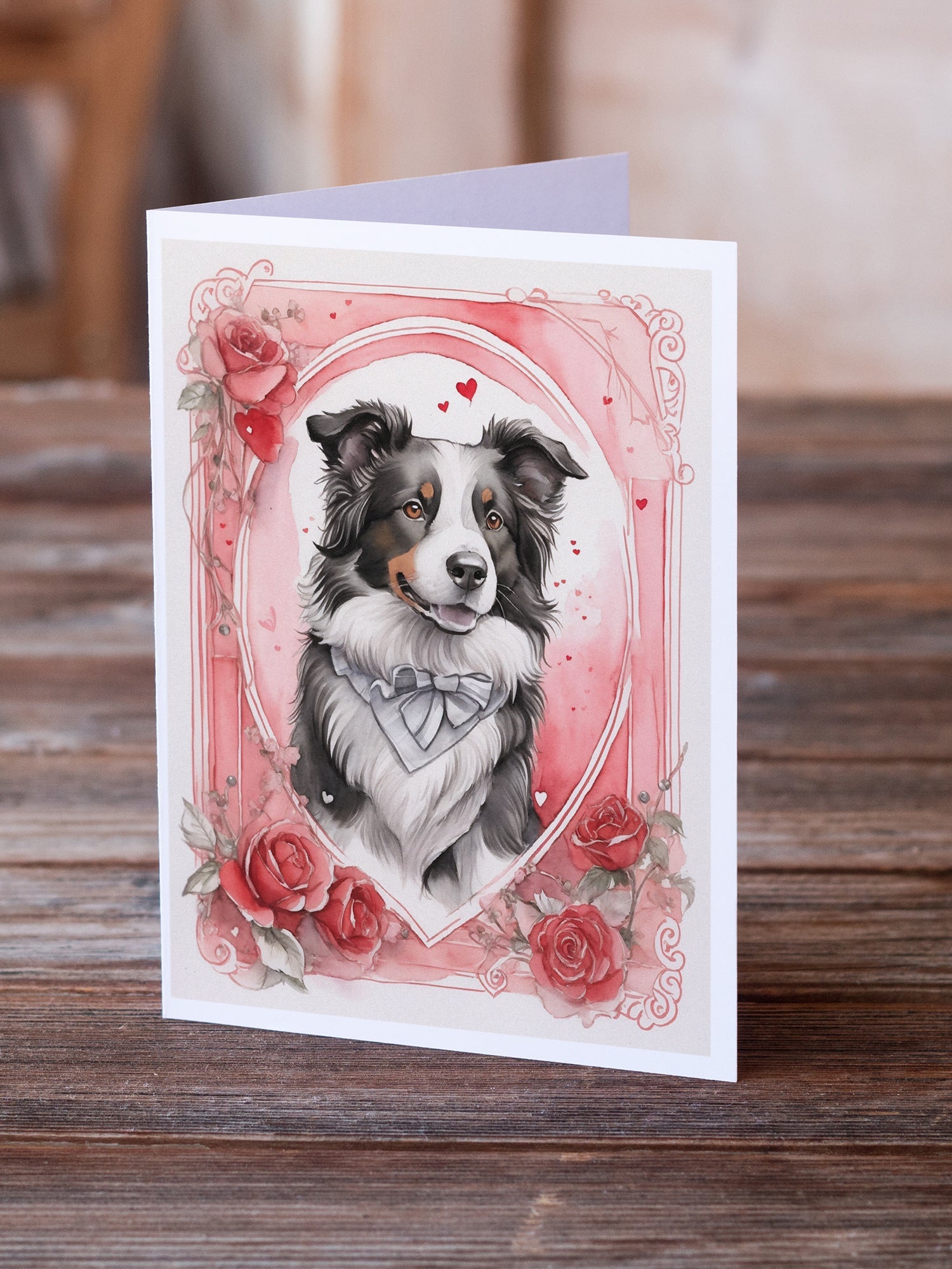 Border Collie Valentine Roses Greeting Cards Pack of 8 Blank Cards with Envelopes Whimsical A7 Size 5x7
