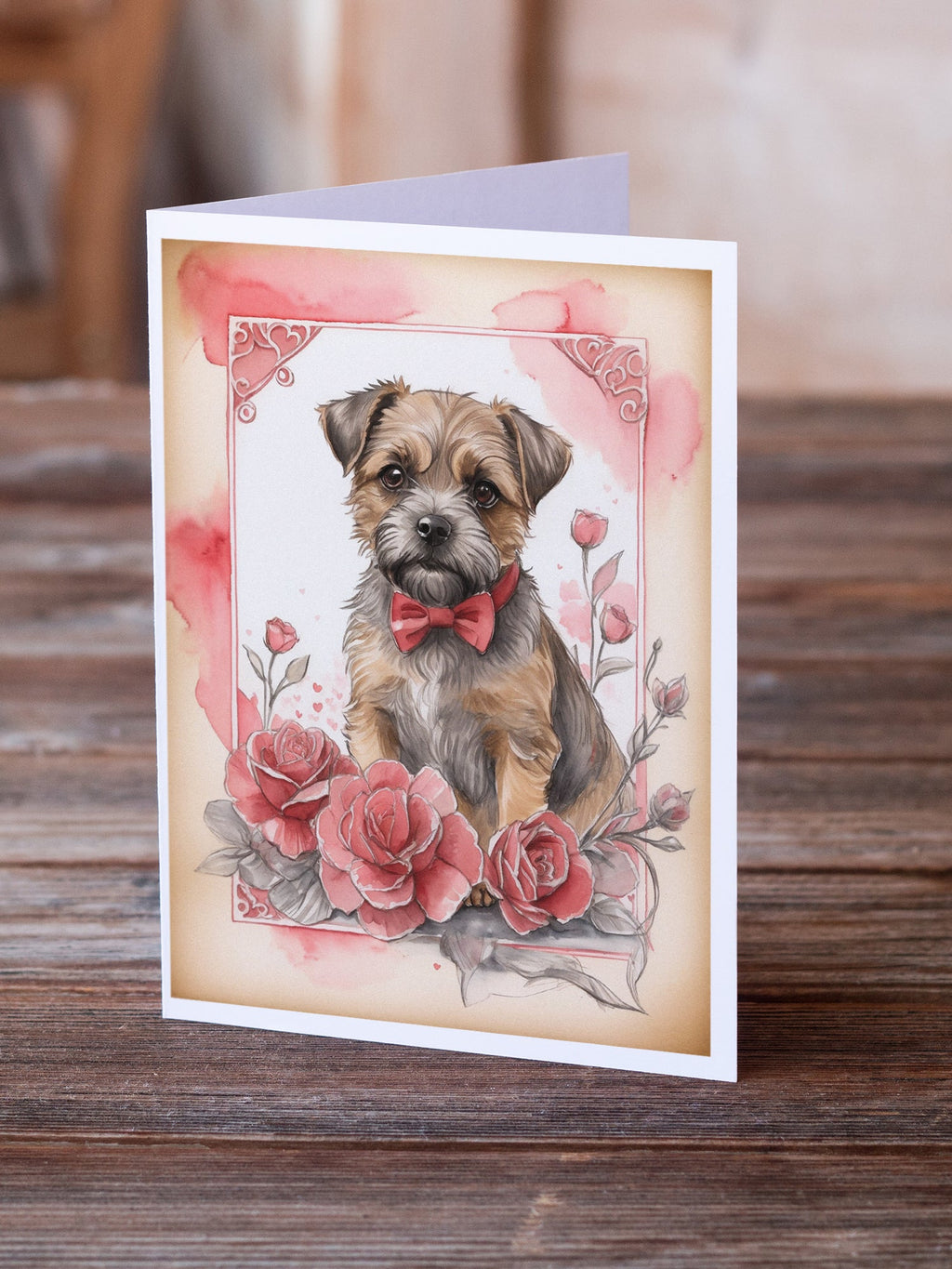 Border Terrier Valentine Roses Greeting Cards Pack of 8 Blank Cards with Envelopes Whimsical A7 Size 5x7