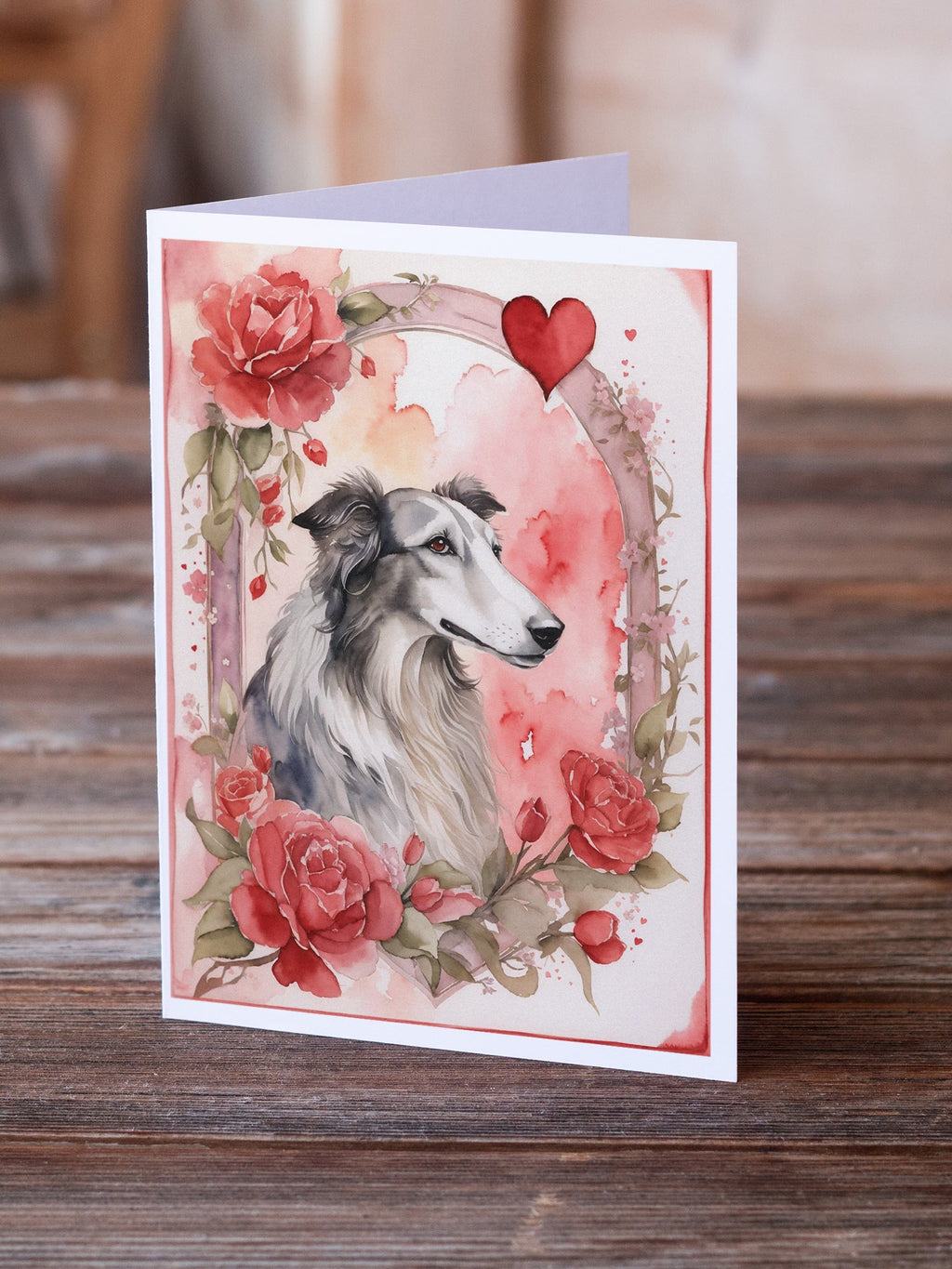 Borzoi Valentine Roses Greeting Cards Pack of 8 Blank Cards with Envelopes Whimsical A7 Size 5x7