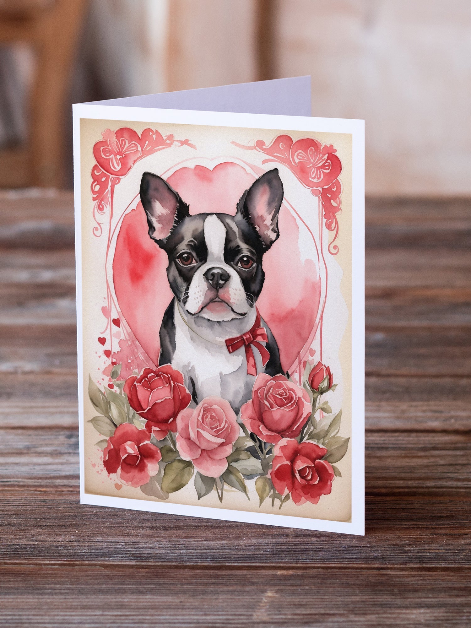 Boston Terrier Valentine Roses Greeting Cards Pack of 8 Blank Cards with Envelopes Whimsical A7 Size 5x7