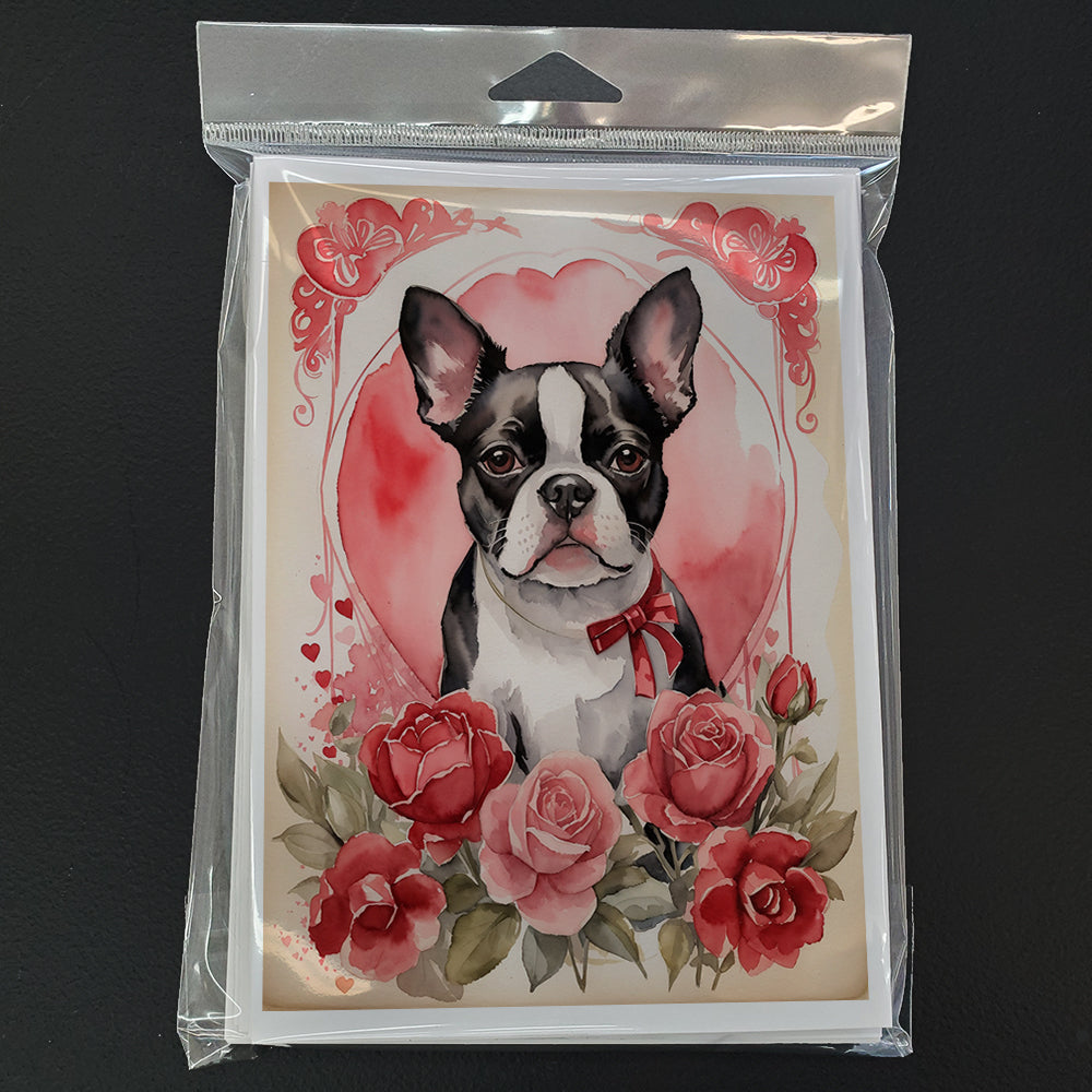 Boston Terrier Valentine Roses Greeting Cards Pack of 8 Blank Cards with Envelopes Whimsical A7 Size 5x7