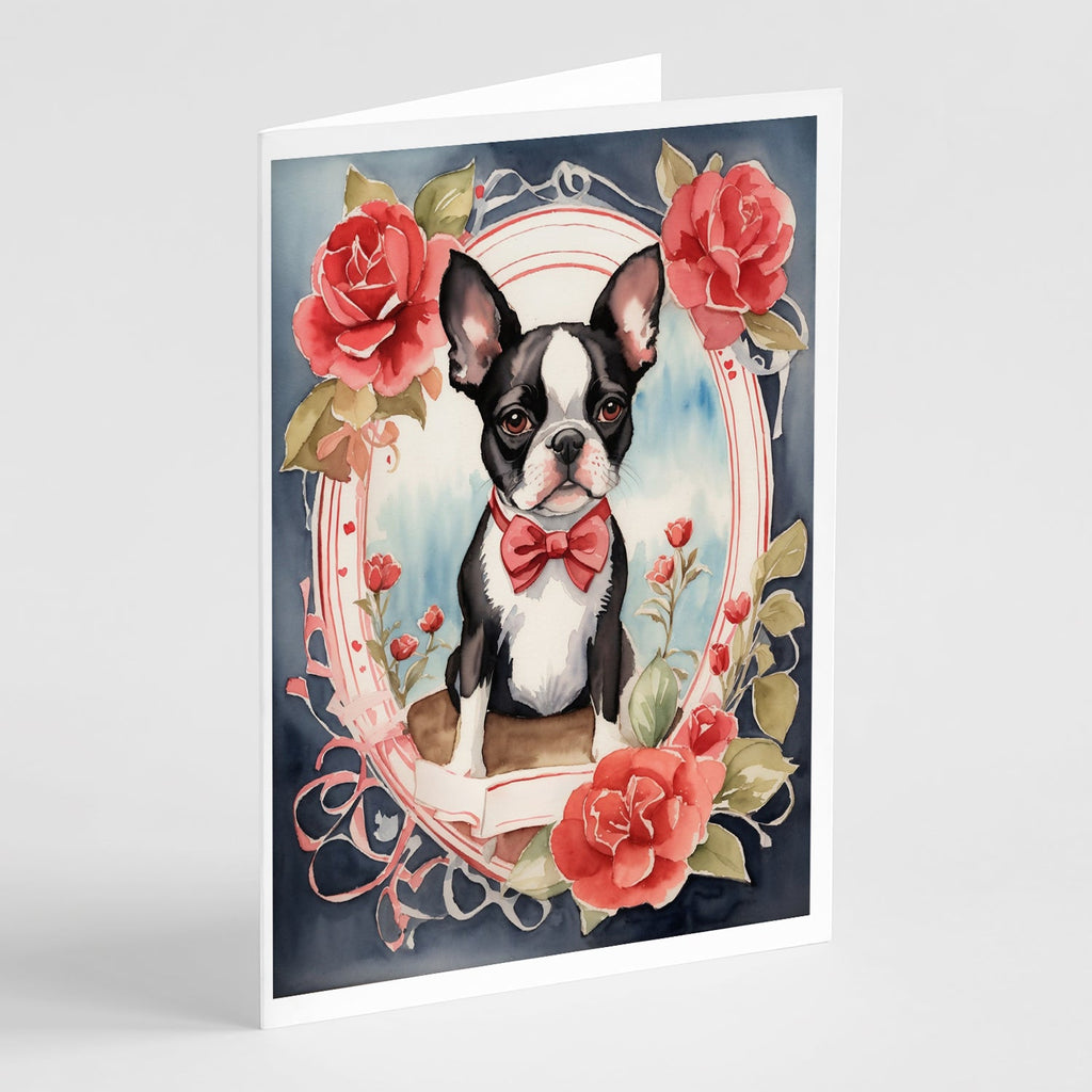 Boston Terrier Valentine Roses Greeting Cards Pack of 8 Blank Cards with Envelopes Whimsical A7 Size 5x7
