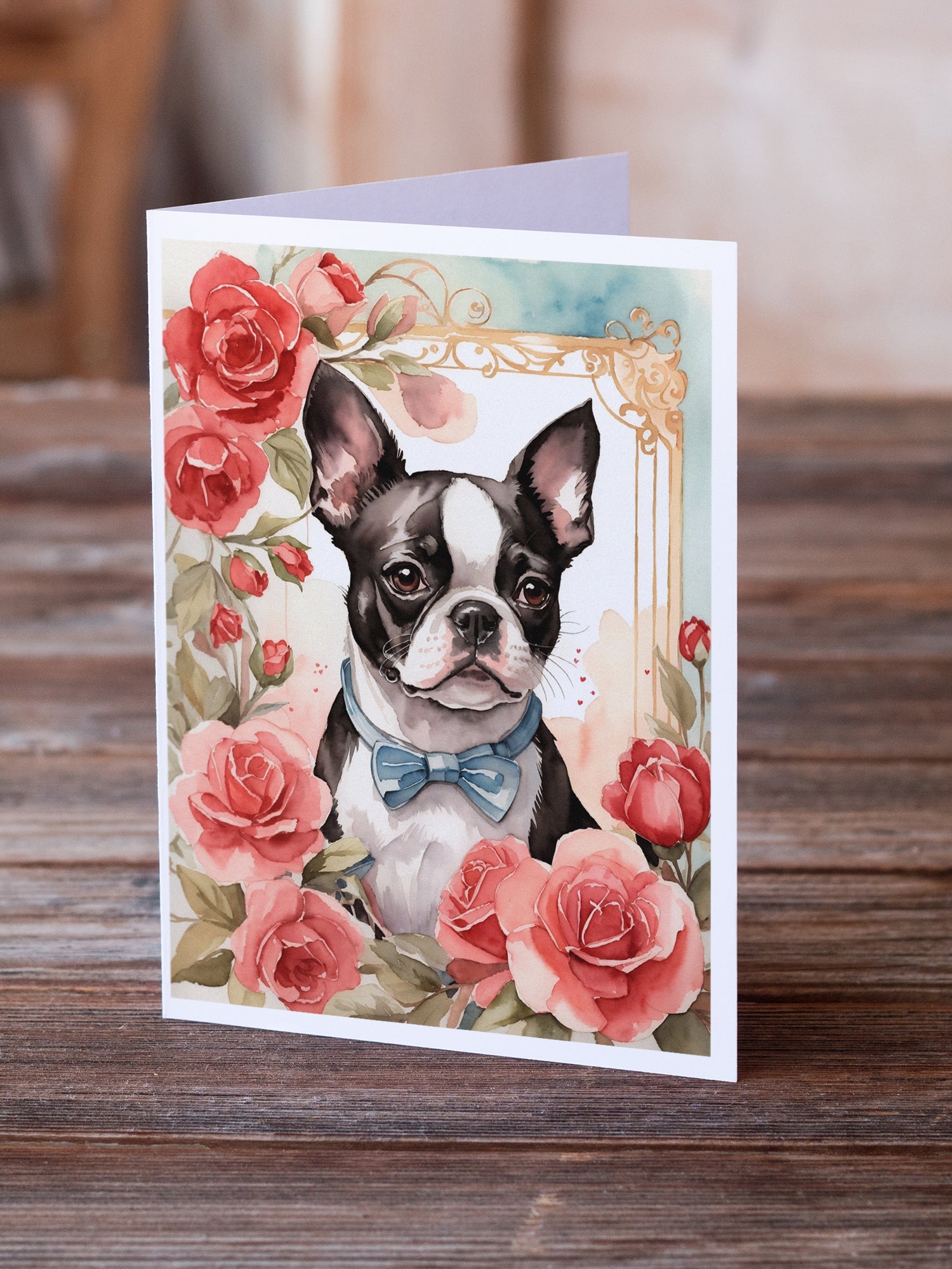 Boston Terrier Valentine Roses Greeting Cards Pack of 8 Blank Cards with Envelopes Whimsical A7 Size 5x7