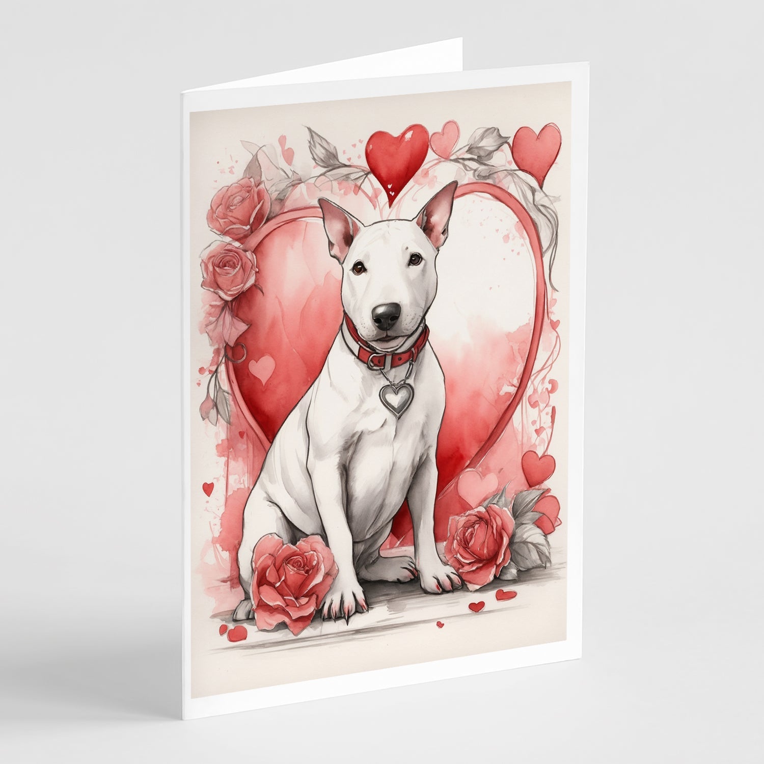 Bull Terrier Valentine Roses Greeting Cards Pack of 8 Blank Cards with Envelopes Whimsical A7 Size 5x7