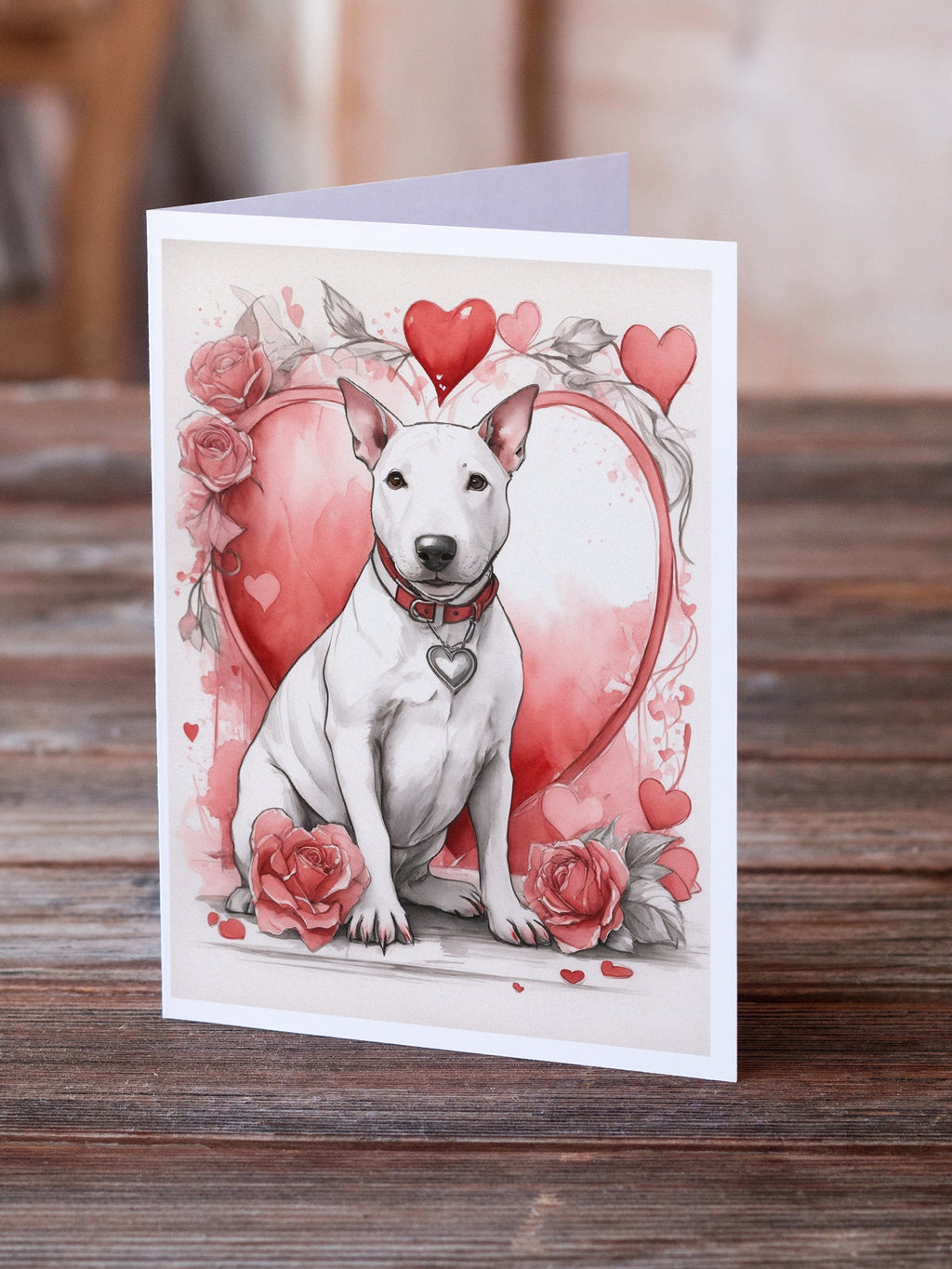 Bull Terrier Valentine Roses Greeting Cards Pack of 8 Blank Cards with Envelopes Whimsical A7 Size 5x7