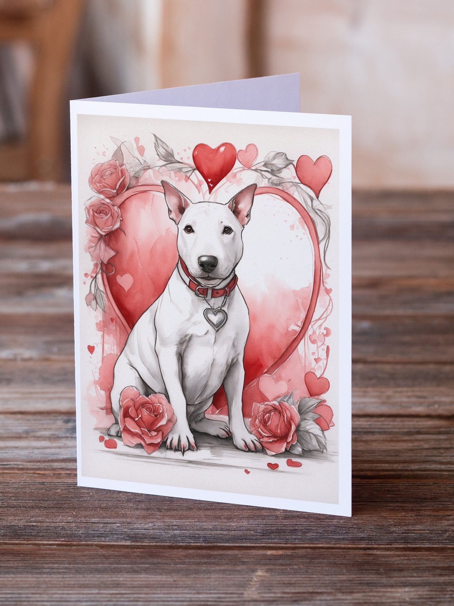 Bull Terrier Valentine Roses Greeting Cards Pack of 8 Blank Cards with Envelopes Whimsical A7 Size 5x7