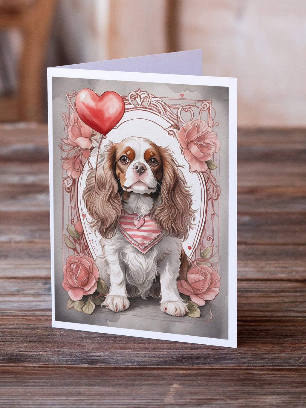 Cavalier Spaniel Valentine Roses Greeting Cards Pack of 8 Blank Cards with Envelopes Whimsical A7 Size 5x7