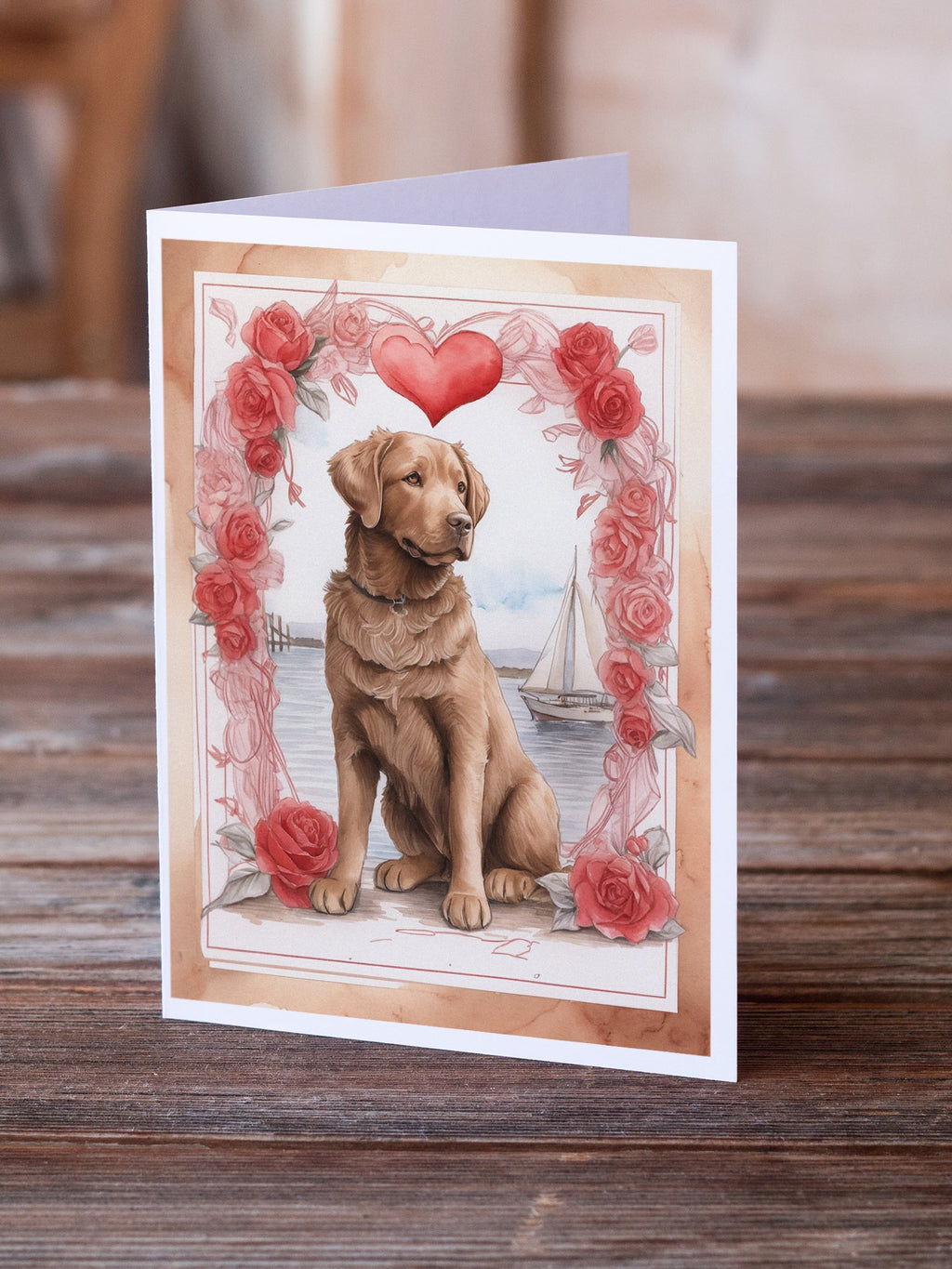 Chesapeake Bay Retriever Valentine Roses Greeting Cards Pack of 8 Blank Cards with Envelopes Whimsical A7 Size 5x7