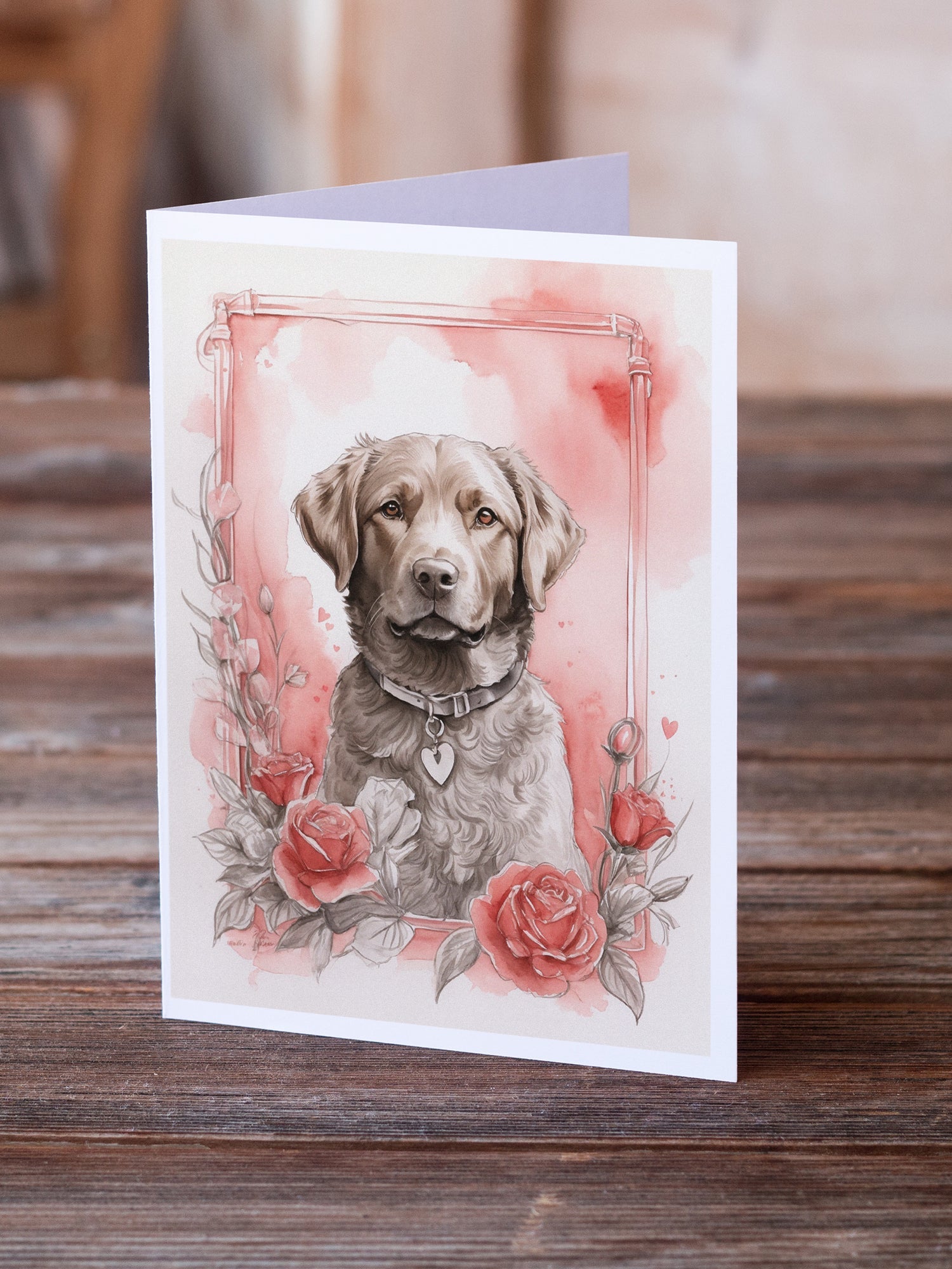Chesapeake Bay Retriever Valentine Roses Greeting Cards Pack of 8 Blank Cards with Envelopes Whimsical A7 Size 5x7