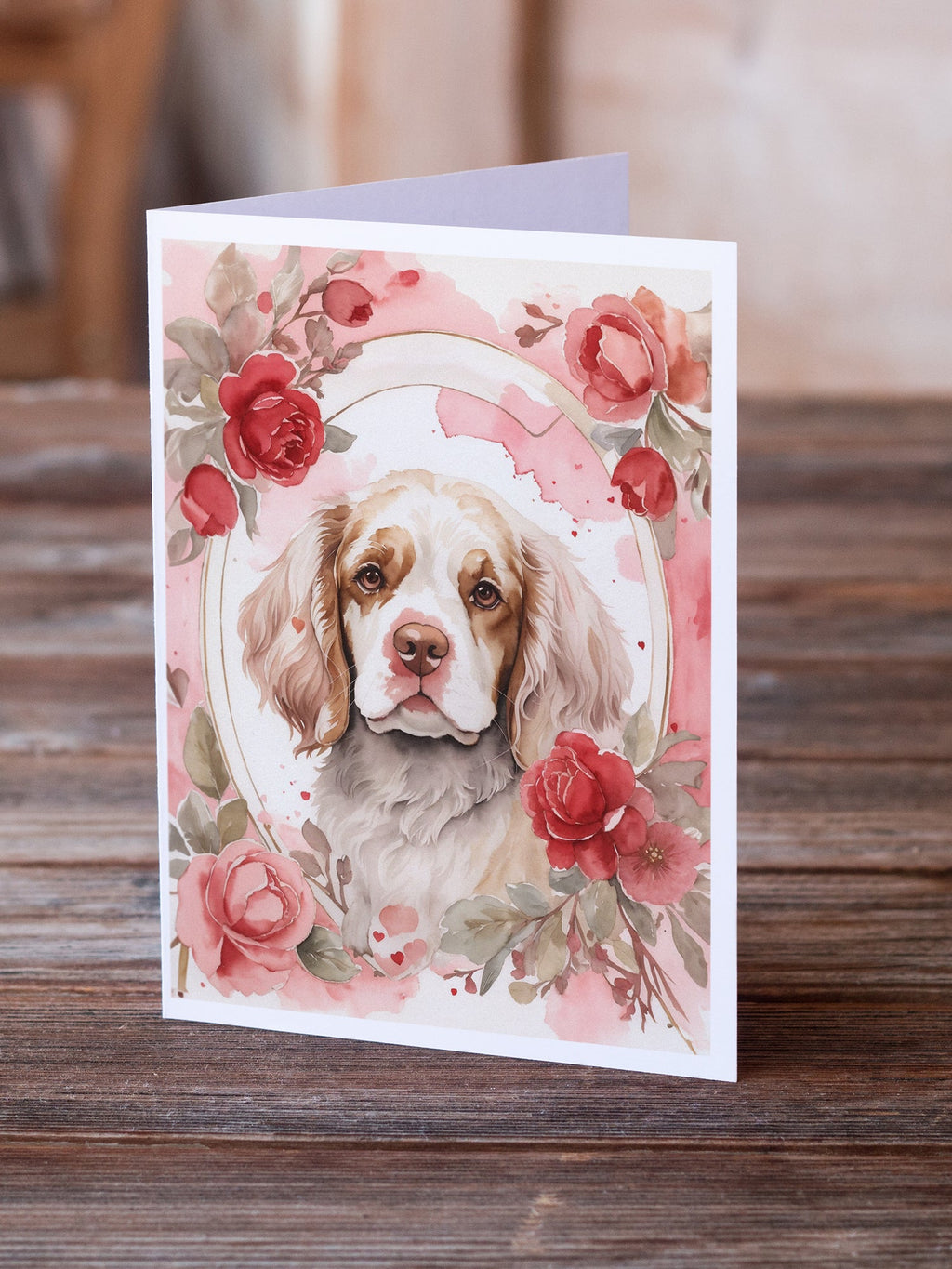 Clumber Spaniel Valentine Roses Greeting Cards Pack of 8 Blank Cards with Envelopes Whimsical A7 Size 5x7