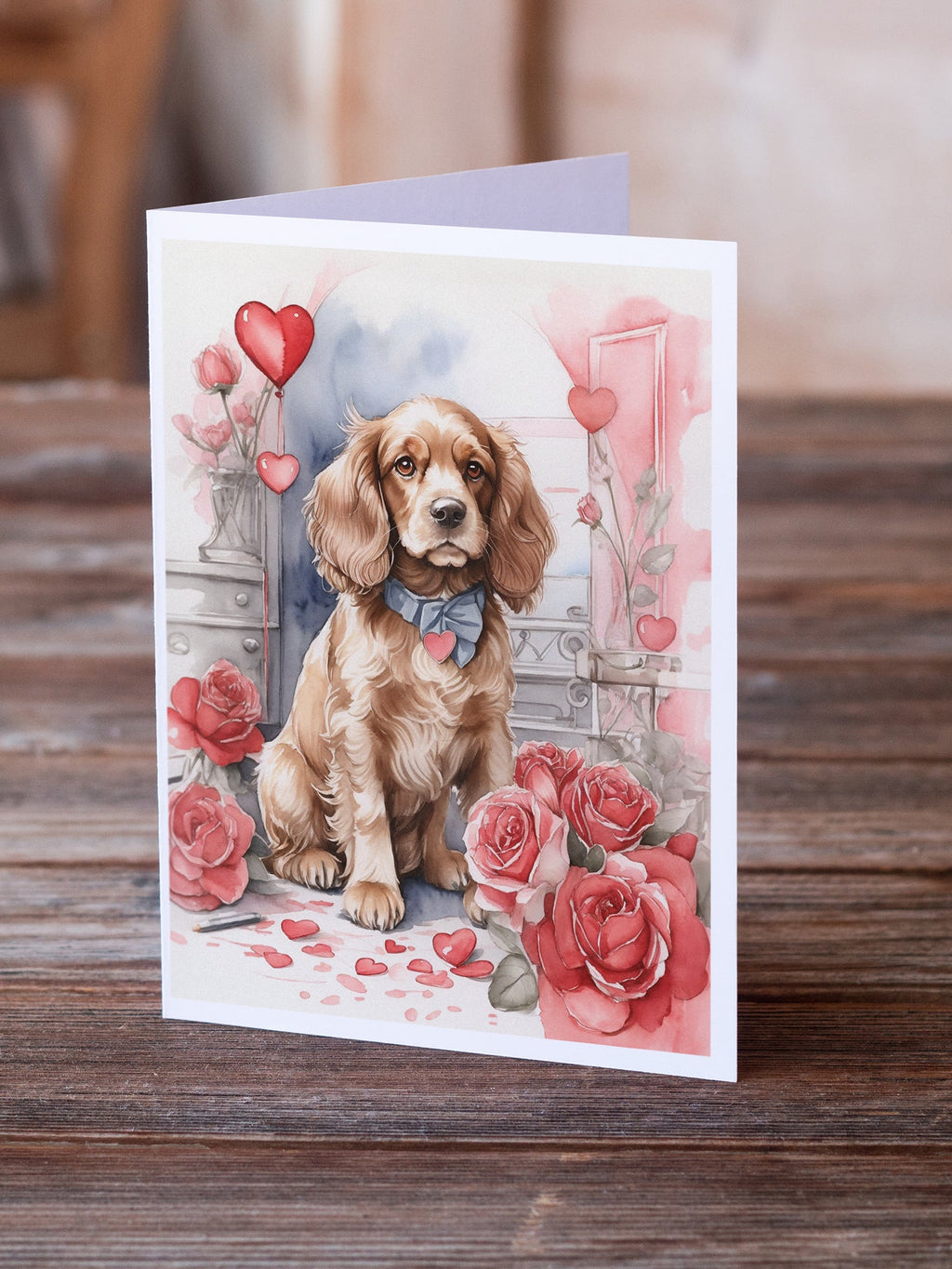 Cocker Spaniel Valentine Roses Greeting Cards Pack of 8 Blank Cards with Envelopes Whimsical A7 Size 5x7