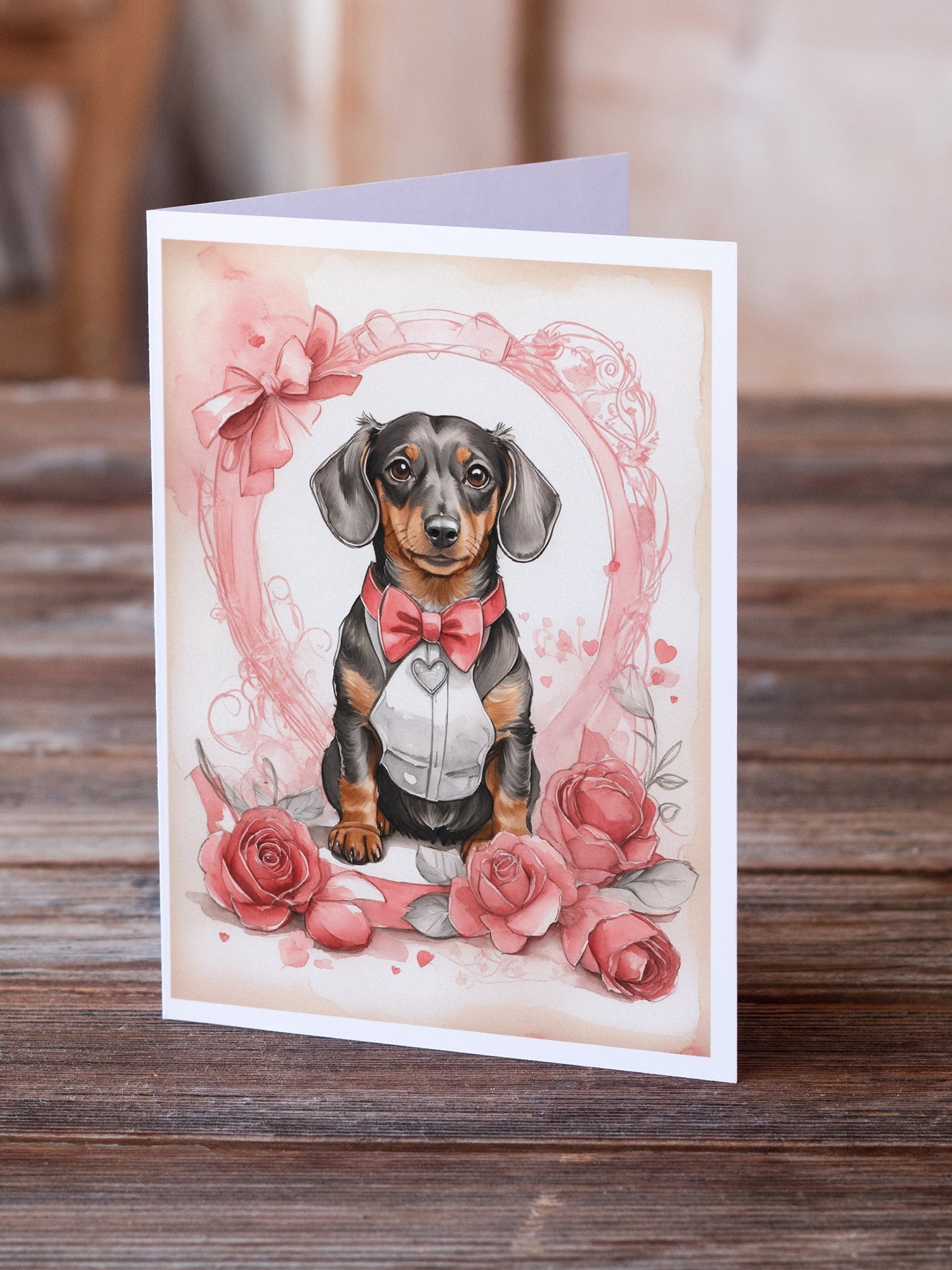 Dachshund Valentine Roses Greeting Cards Pack of 8 Blank Cards with Envelopes Whimsical A7 Size 5x7