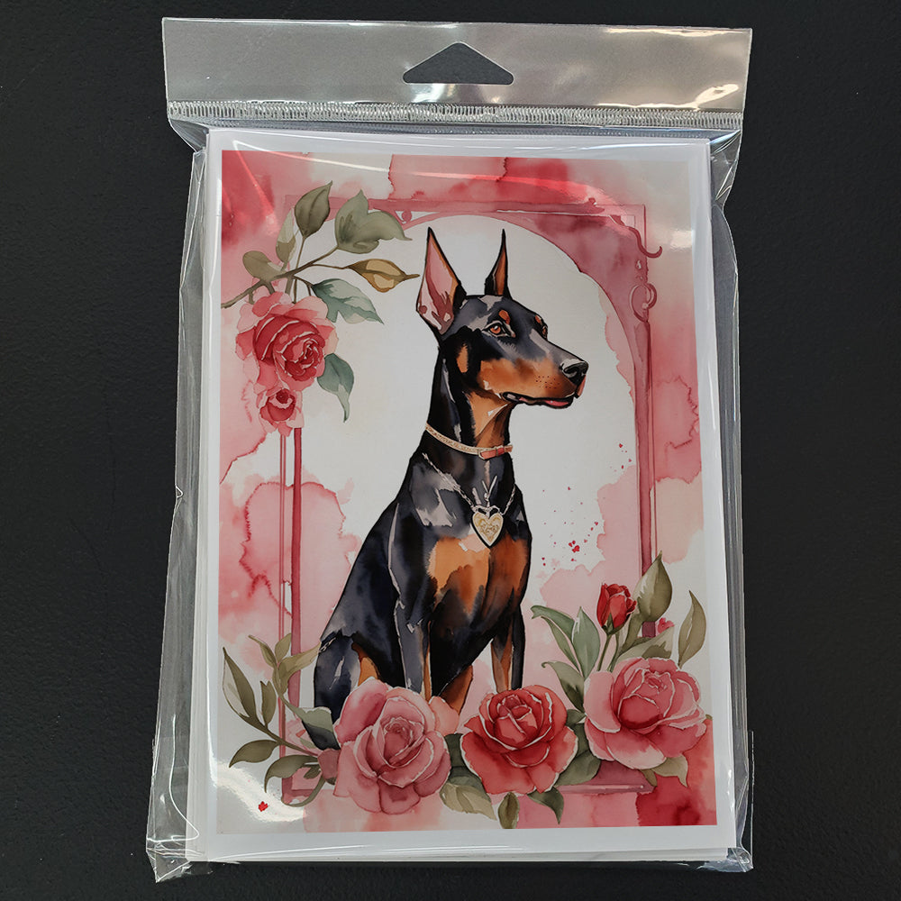 Doberman Pinscher Valentine Roses Greeting Cards Pack of 8 Blank Cards with Envelopes Whimsical A7 Size 5x7