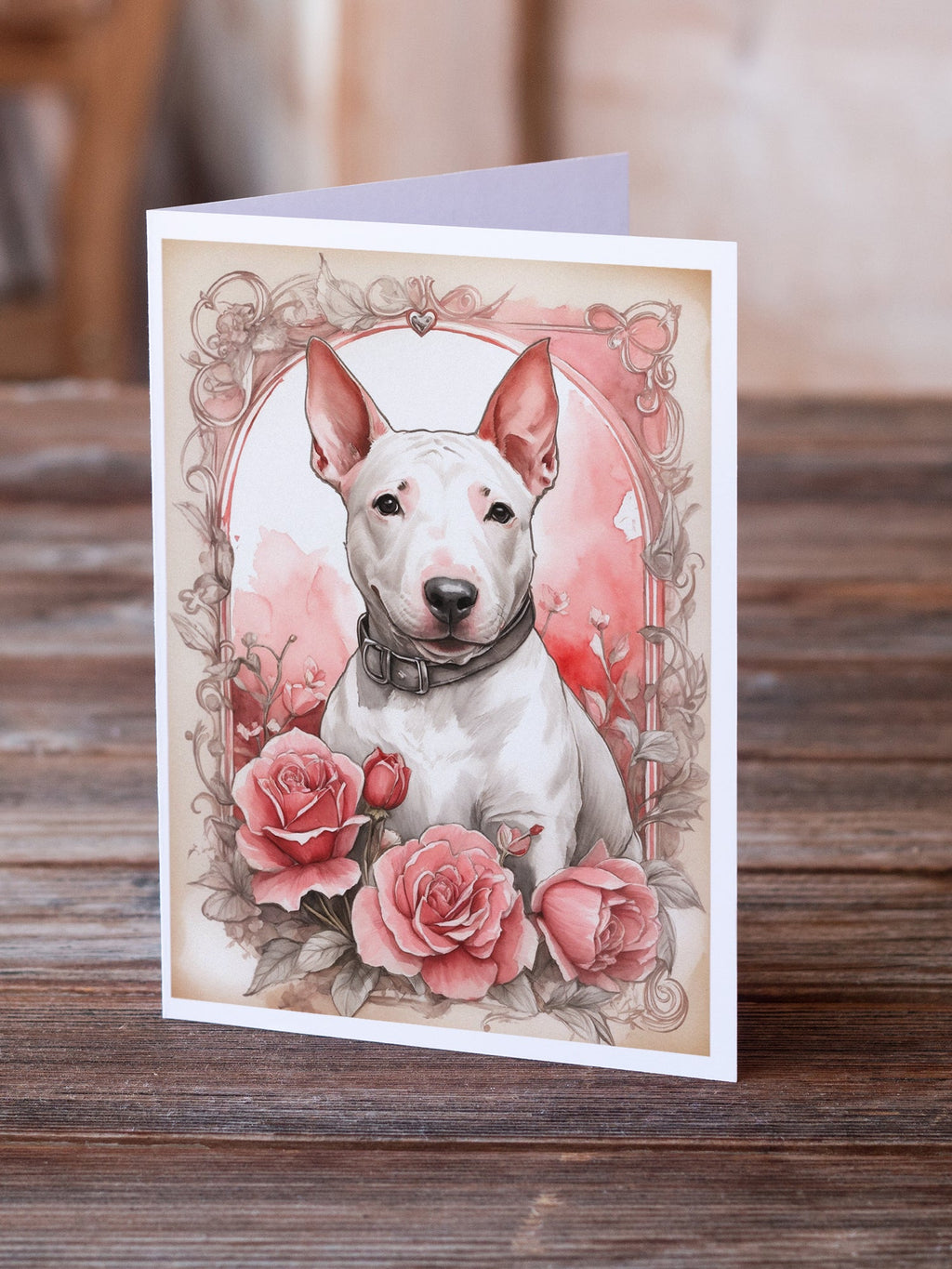English Bull Terrier Valentine Roses Greeting Cards Pack of 8 Blank Cards with Envelopes Whimsical A7 Size 5x7