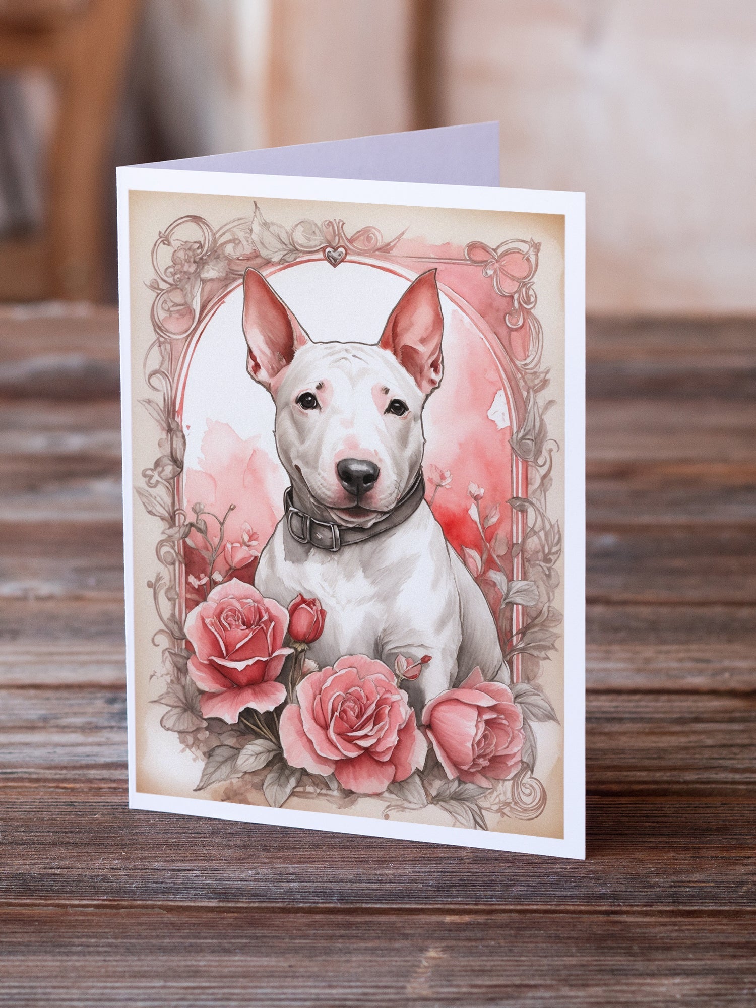 English Bull Terrier Valentine Roses Greeting Cards Pack of 8 Blank Cards with Envelopes Whimsical A7 Size 5x7