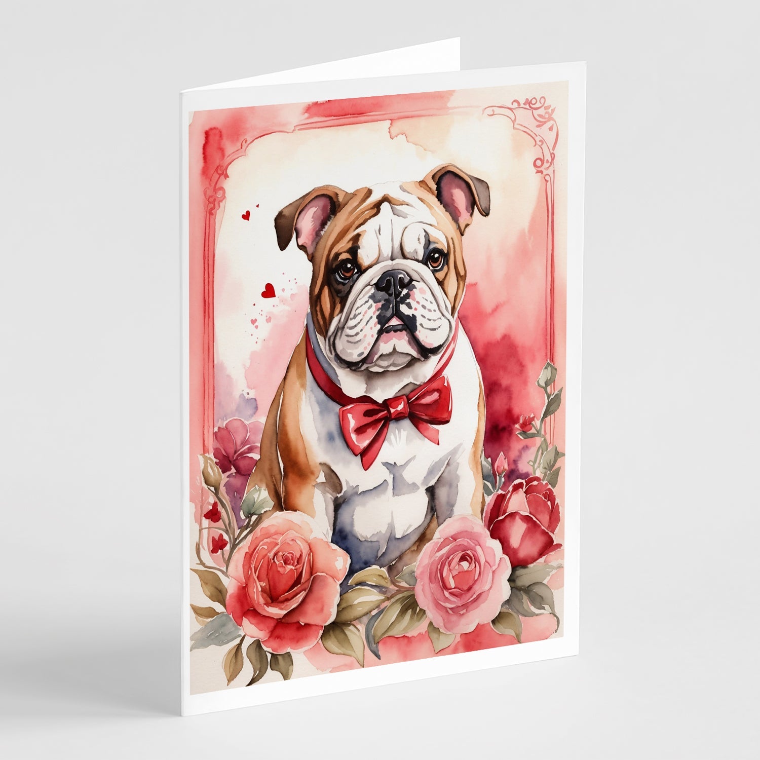 English Bulldog Valentine Roses Greeting Cards Pack of 8 Blank Cards with Envelopes Whimsical A7 Size 5x7