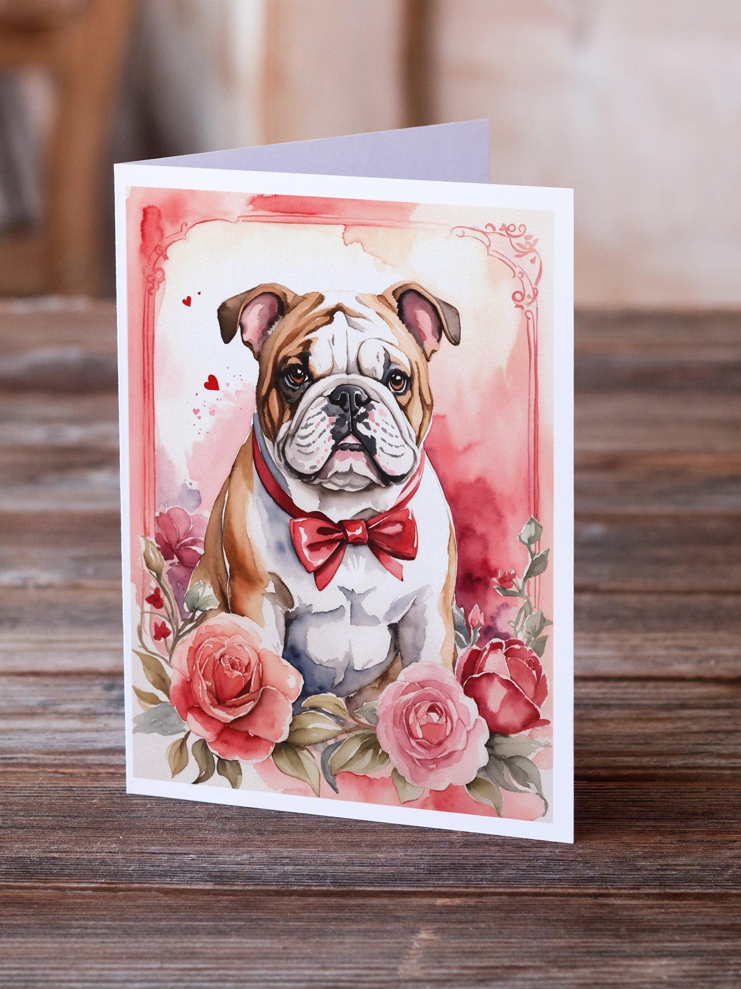 English Bulldog Valentine Roses Greeting Cards Pack of 8 Blank Cards with Envelopes Whimsical A7 Size 5x7