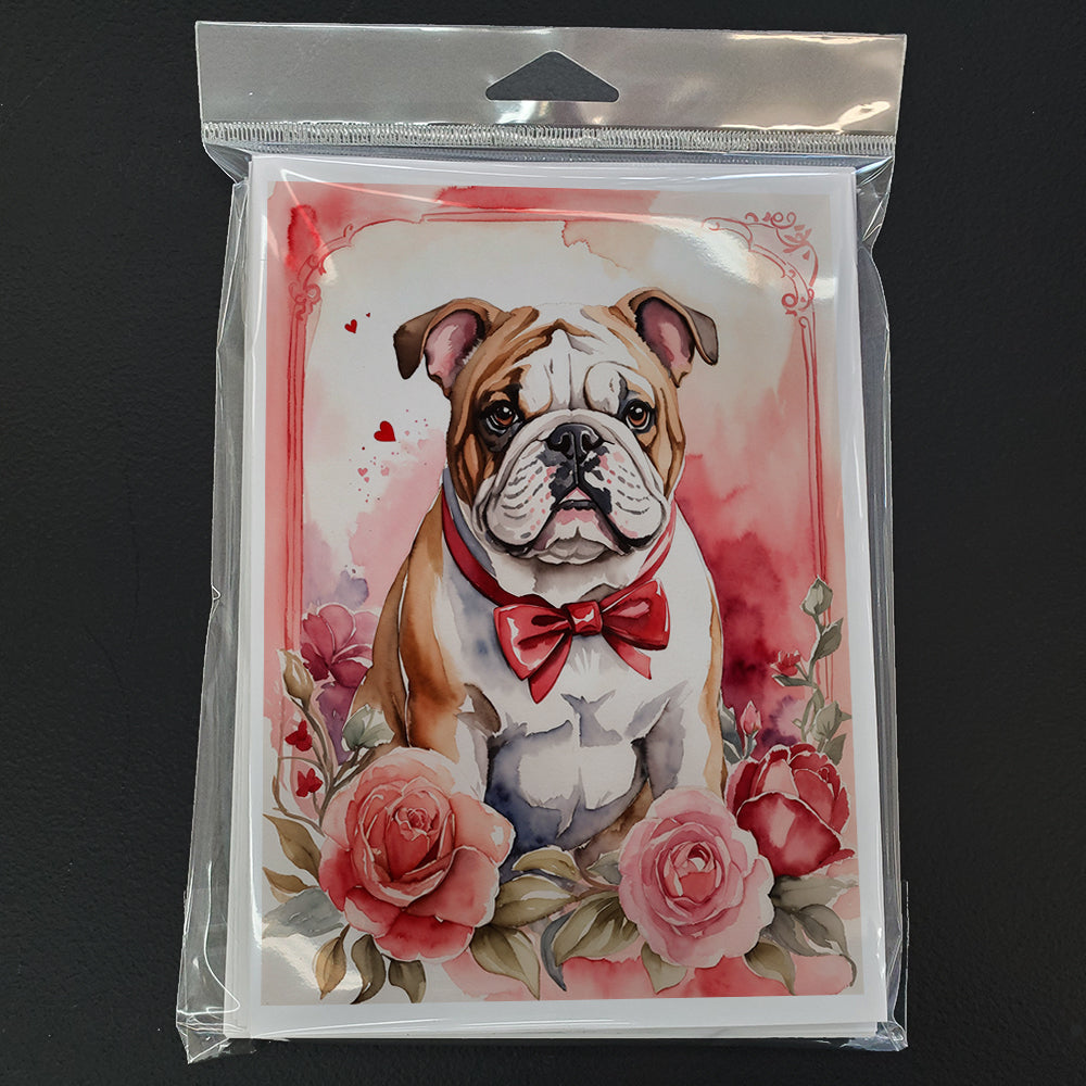 English Bulldog Valentine Roses Greeting Cards Pack of 8 Blank Cards with Envelopes Whimsical A7 Size 5x7
