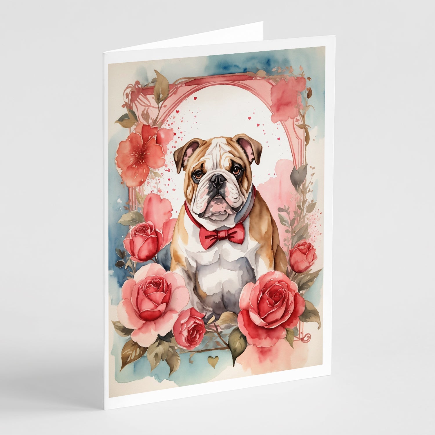 English Bulldog Valentine Roses Greeting Cards Pack of 8 Blank Cards with Envelopes Whimsical A7 Size 5x7