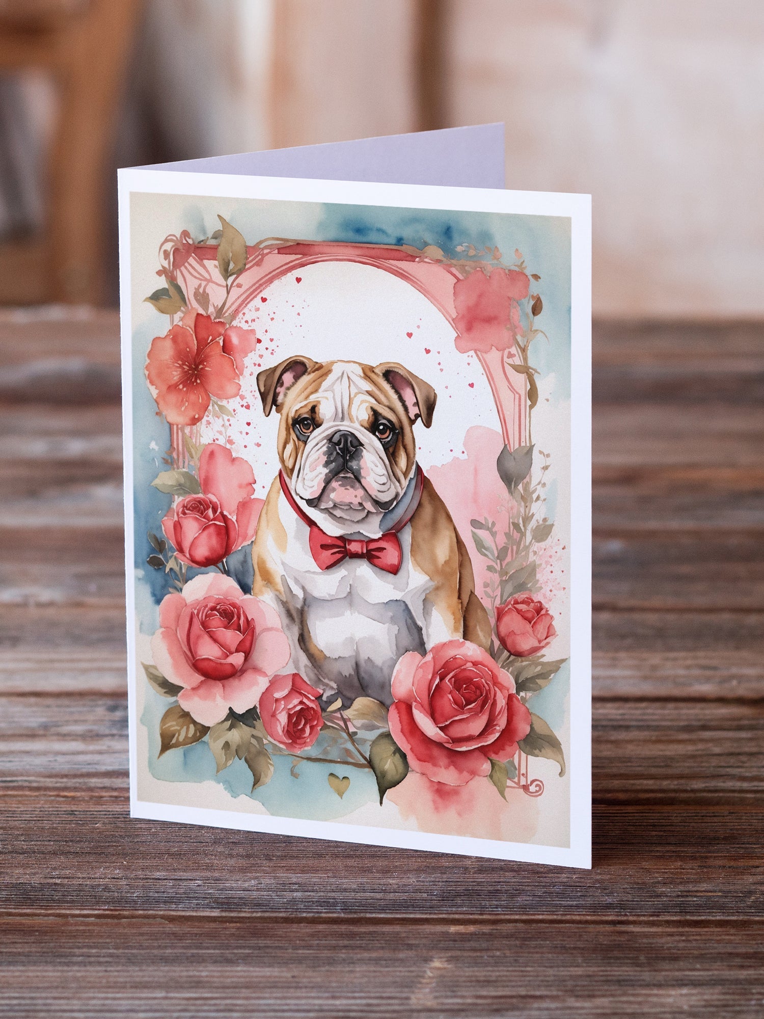 English Bulldog Valentine Roses Greeting Cards Pack of 8 Blank Cards with Envelopes Whimsical A7 Size 5x7