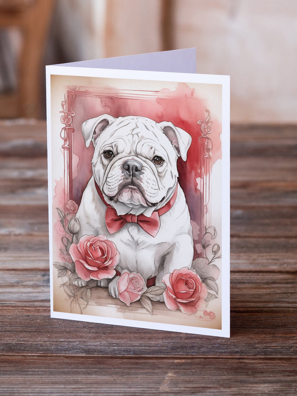 English Bulldog Valentine Roses Greeting Cards Pack of 8 Blank Cards with Envelopes Whimsical A7 Size 5x7