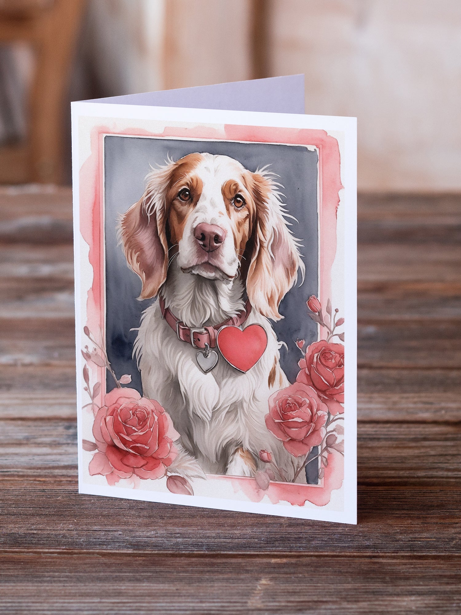 English Setter Valentine Roses Greeting Cards Pack of 8 Blank Cards with Envelopes Whimsical A7 Size 5x7