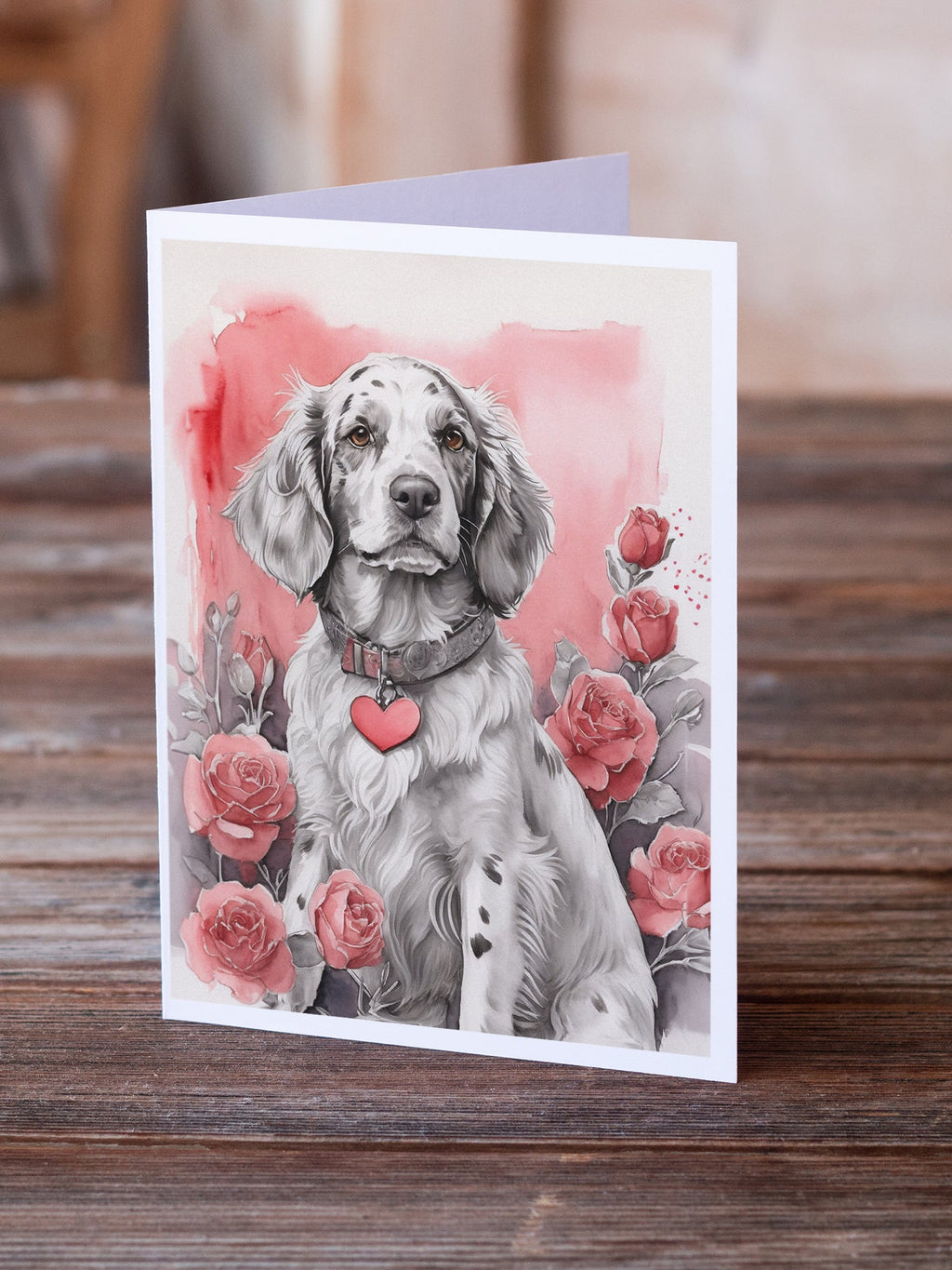 English Setter Valentine Roses Greeting Cards Pack of 8 Blank Cards with Envelopes Whimsical A7 Size 5x7