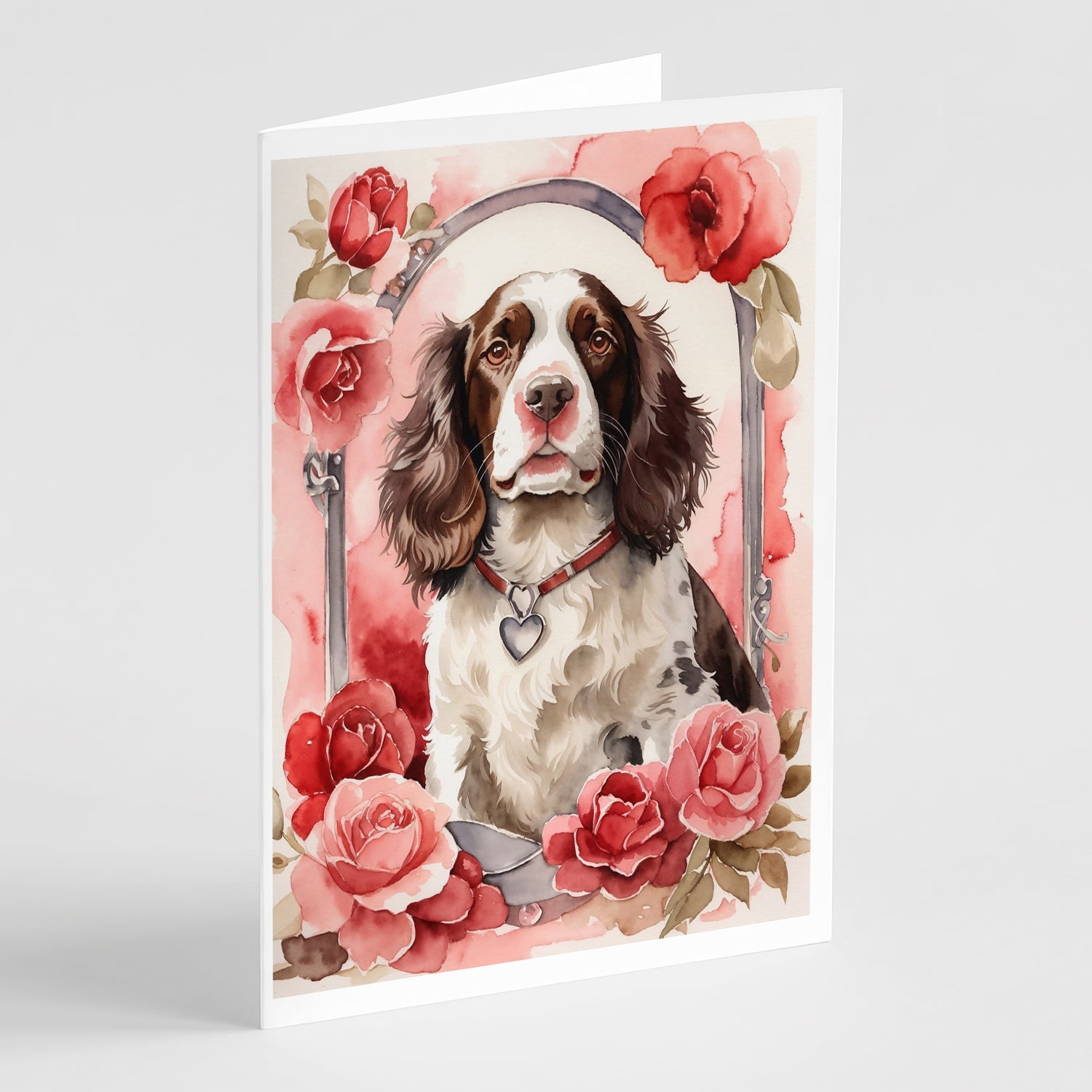 English Springer Spaniel Valentine Roses Greeting Cards Pack of 8 Blank Cards with Envelopes Whimsical A7 Size 5x7
