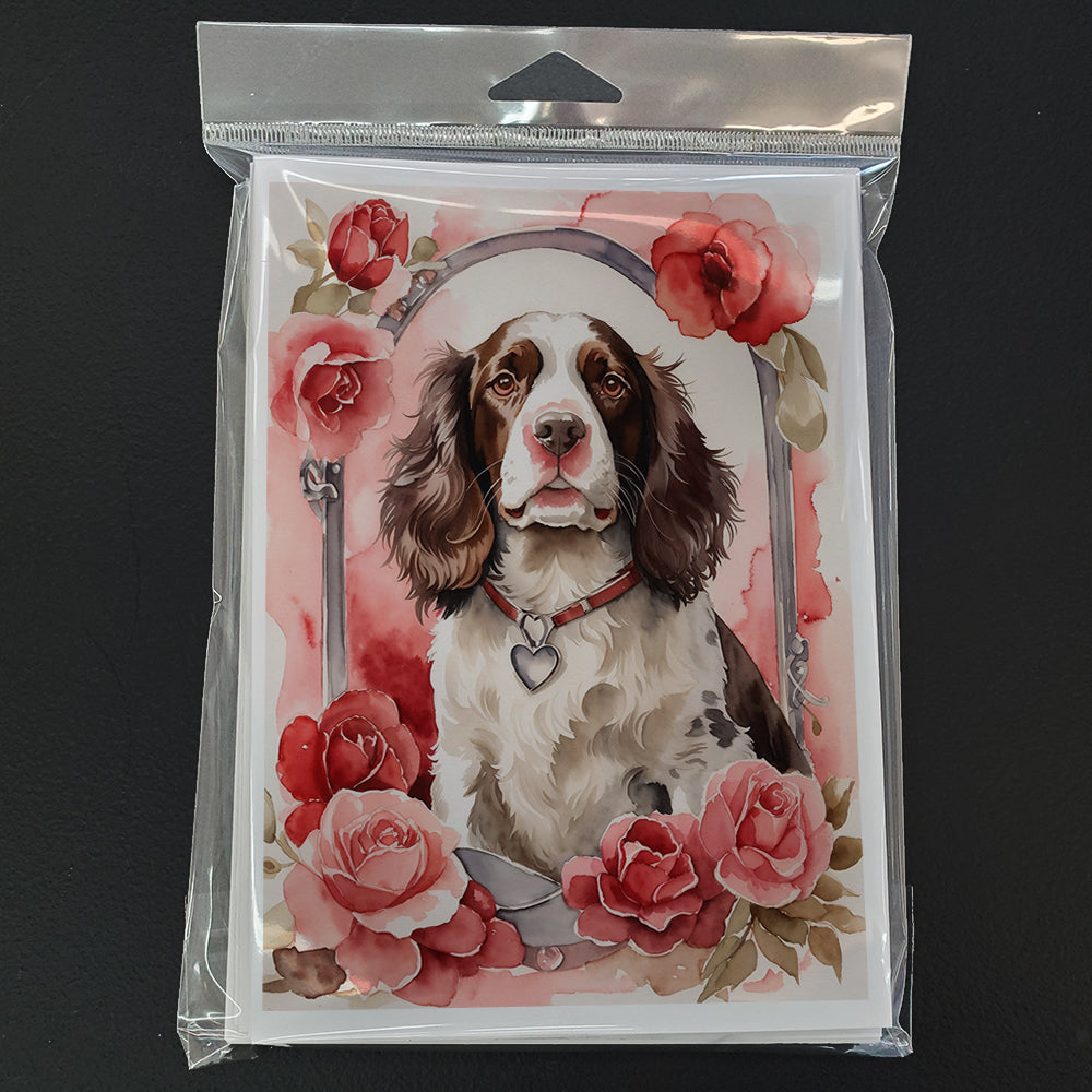 English Springer Spaniel Valentine Roses Greeting Cards Pack of 8 Blank Cards with Envelopes Whimsical A7 Size 5x7