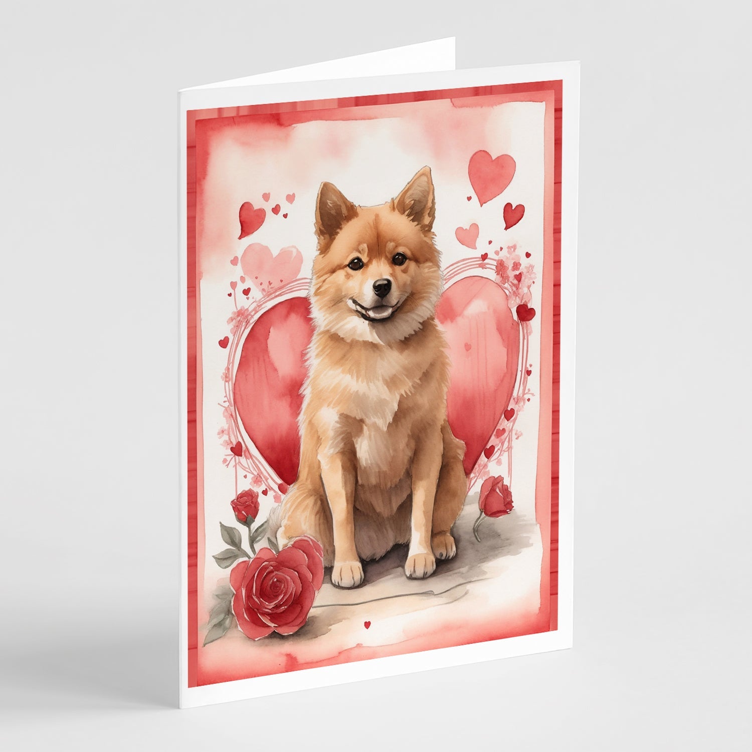 Finnish Spitz Valentine Roses Greeting Cards Pack of 8 Blank Cards with Envelopes Whimsical A7 Size 5x7