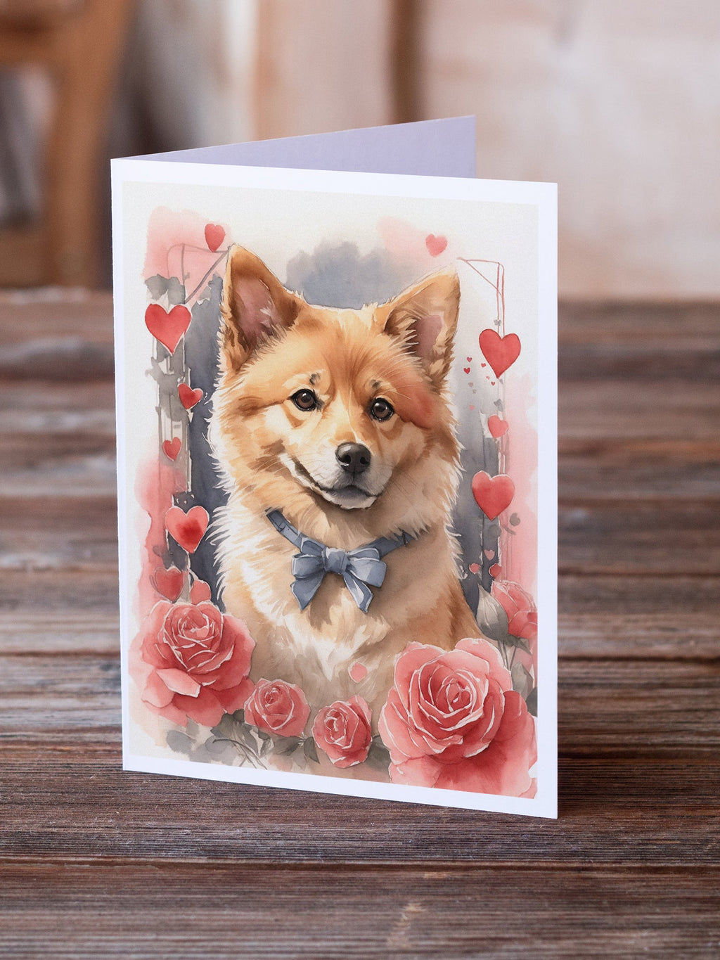 Finnish Spitz Valentine Roses Greeting Cards Pack of 8 Blank Cards with Envelopes Whimsical A7 Size 5x7