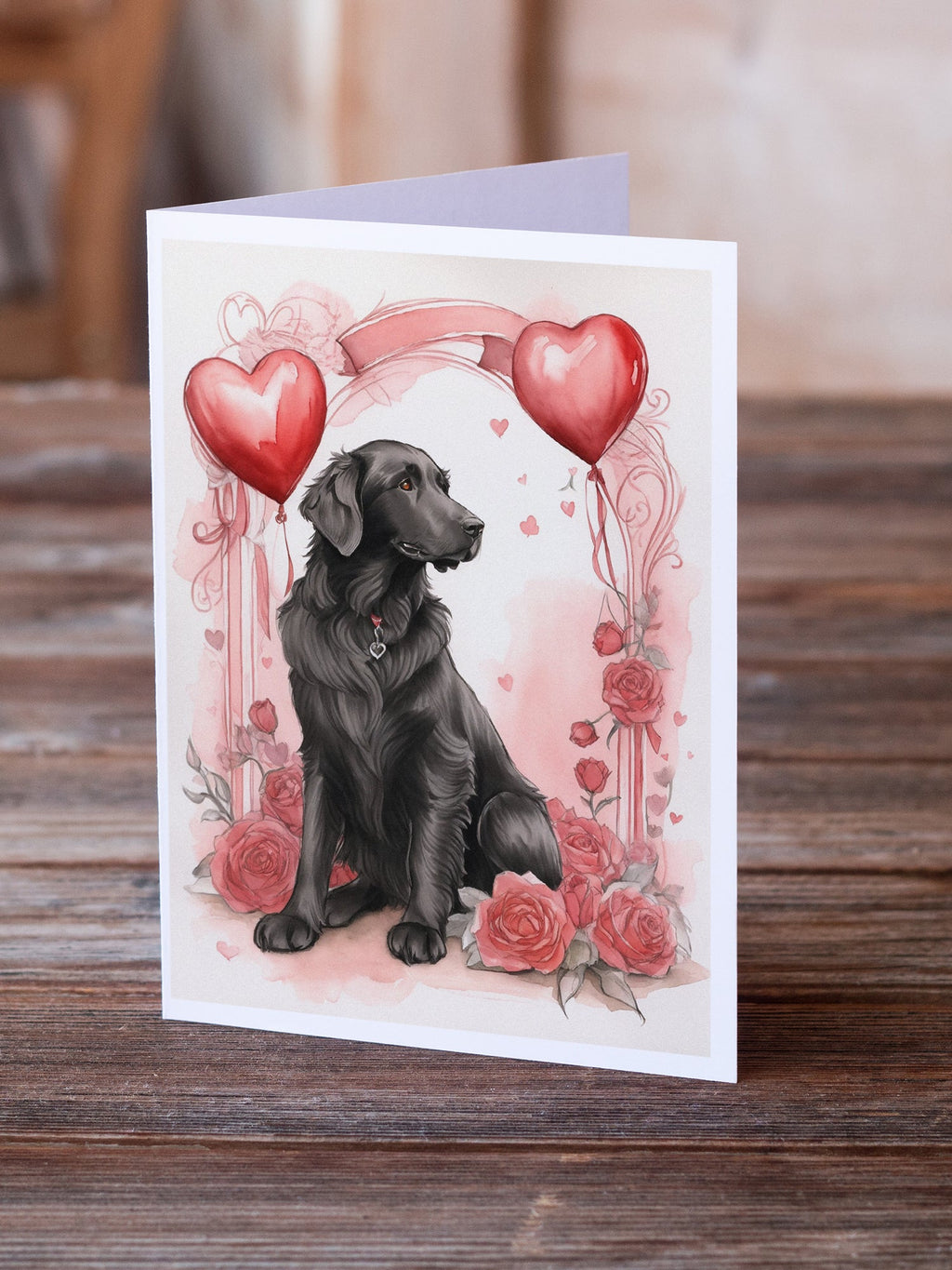 Flat-Coated Retriever Valentine Roses Greeting Cards Pack of 8 Blank Cards with Envelopes Whimsical A7 Size 5x7