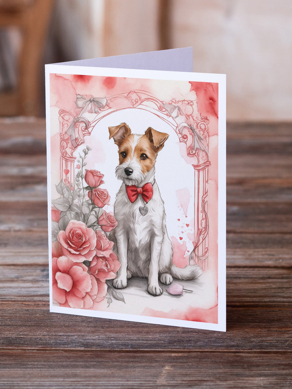 Fox Terrier Valentine Roses Greeting Cards Pack of 8 Blank Cards with Envelopes Whimsical A7 Size 5x7