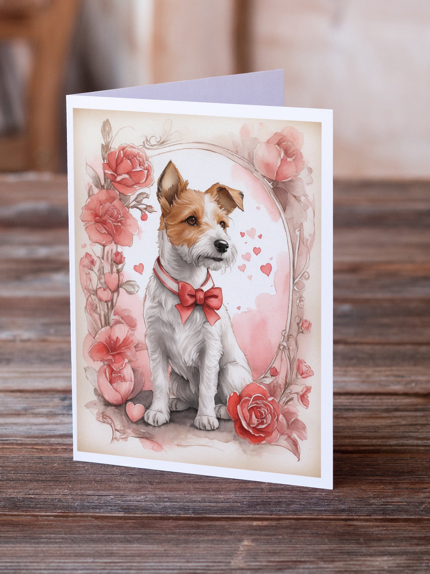Fox Terrier Valentine Roses Greeting Cards Pack of 8 Blank Cards with Envelopes Whimsical A7 Size 5x7