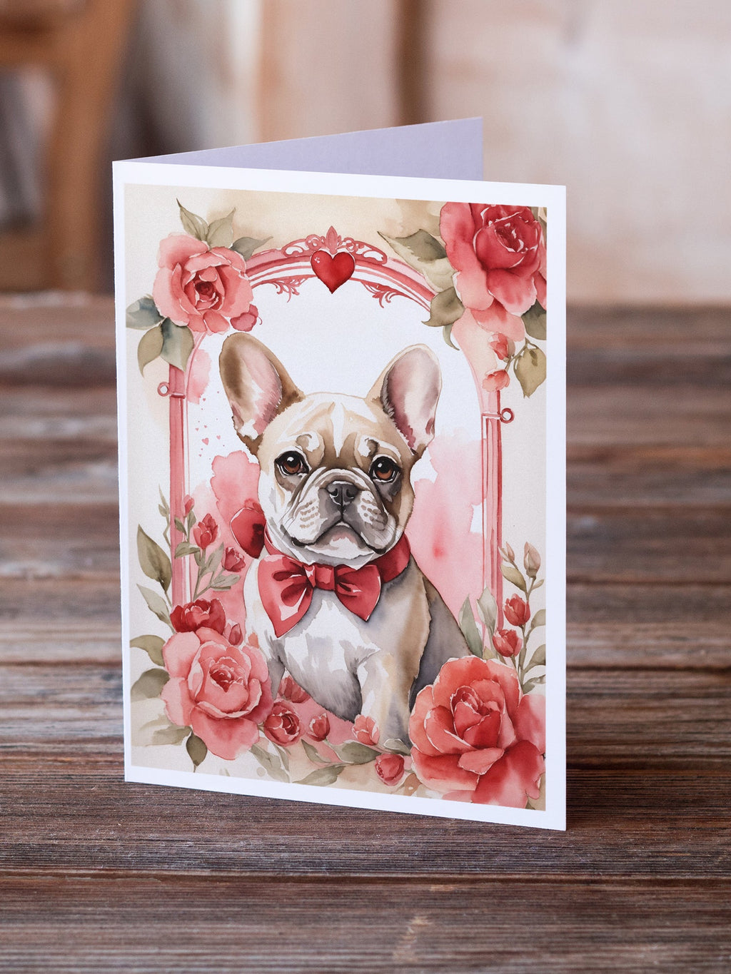 French Bulldog Valentine Roses Greeting Cards Pack of 8 Blank Cards with Envelopes Whimsical A7 Size 5x7