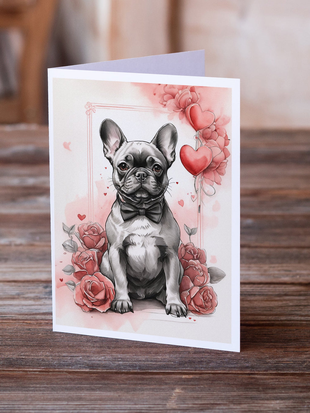 French Bulldog Valentine Roses Greeting Cards Pack of 8 Blank Cards with Envelopes Whimsical A7 Size 5x7