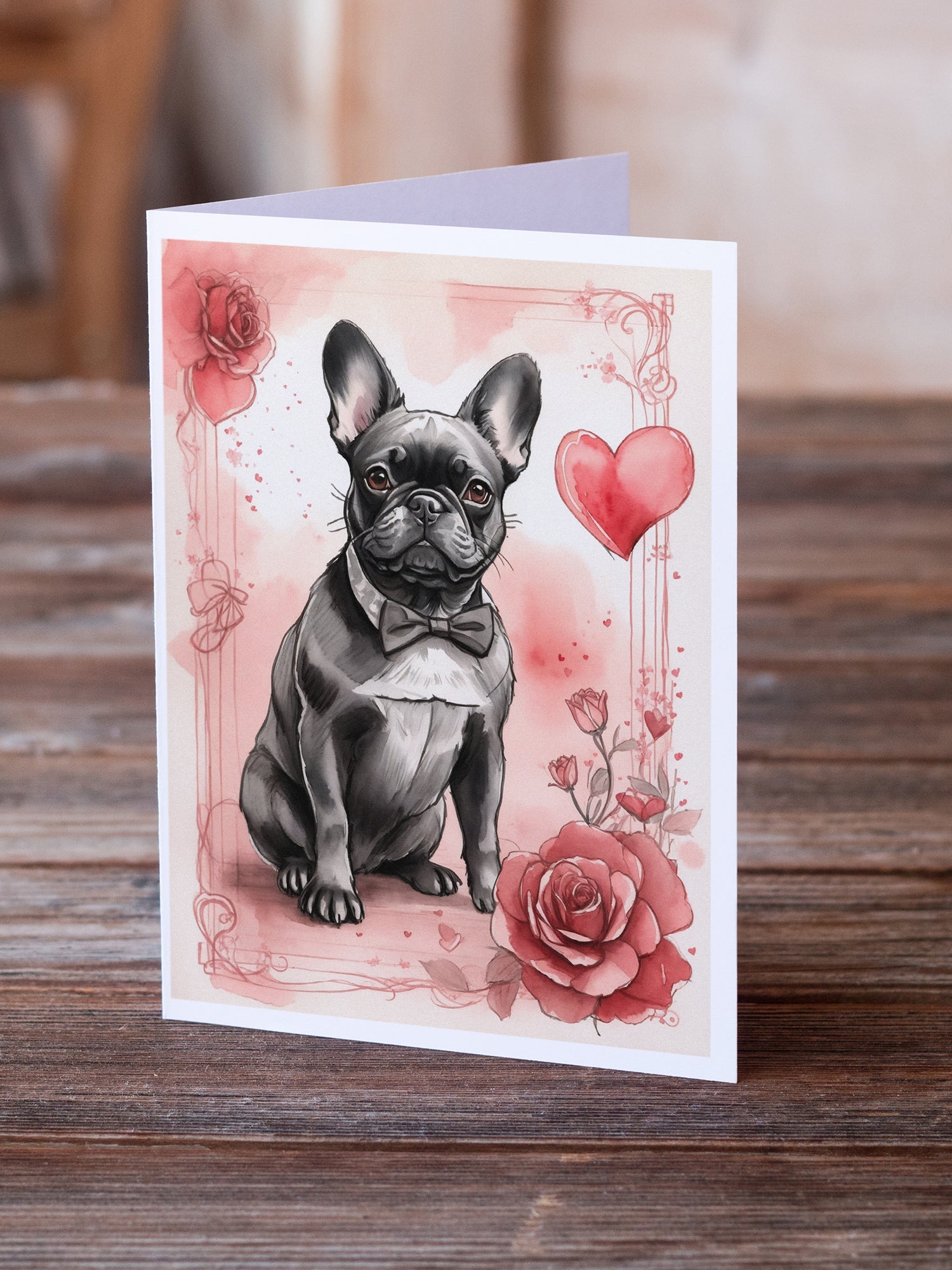 French Bulldog Valentine Roses Greeting Cards Pack of 8 Blank Cards with Envelopes Whimsical A7 Size 5x7