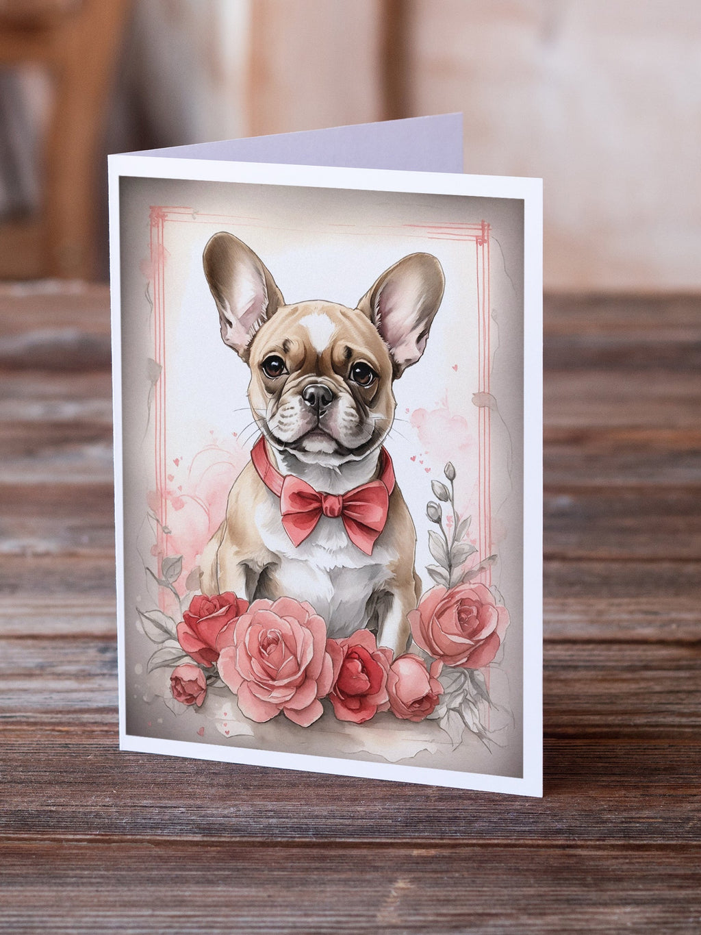 French Bulldog Valentine Roses Greeting Cards Pack of 8 Blank Cards with Envelopes Whimsical A7 Size 5x7