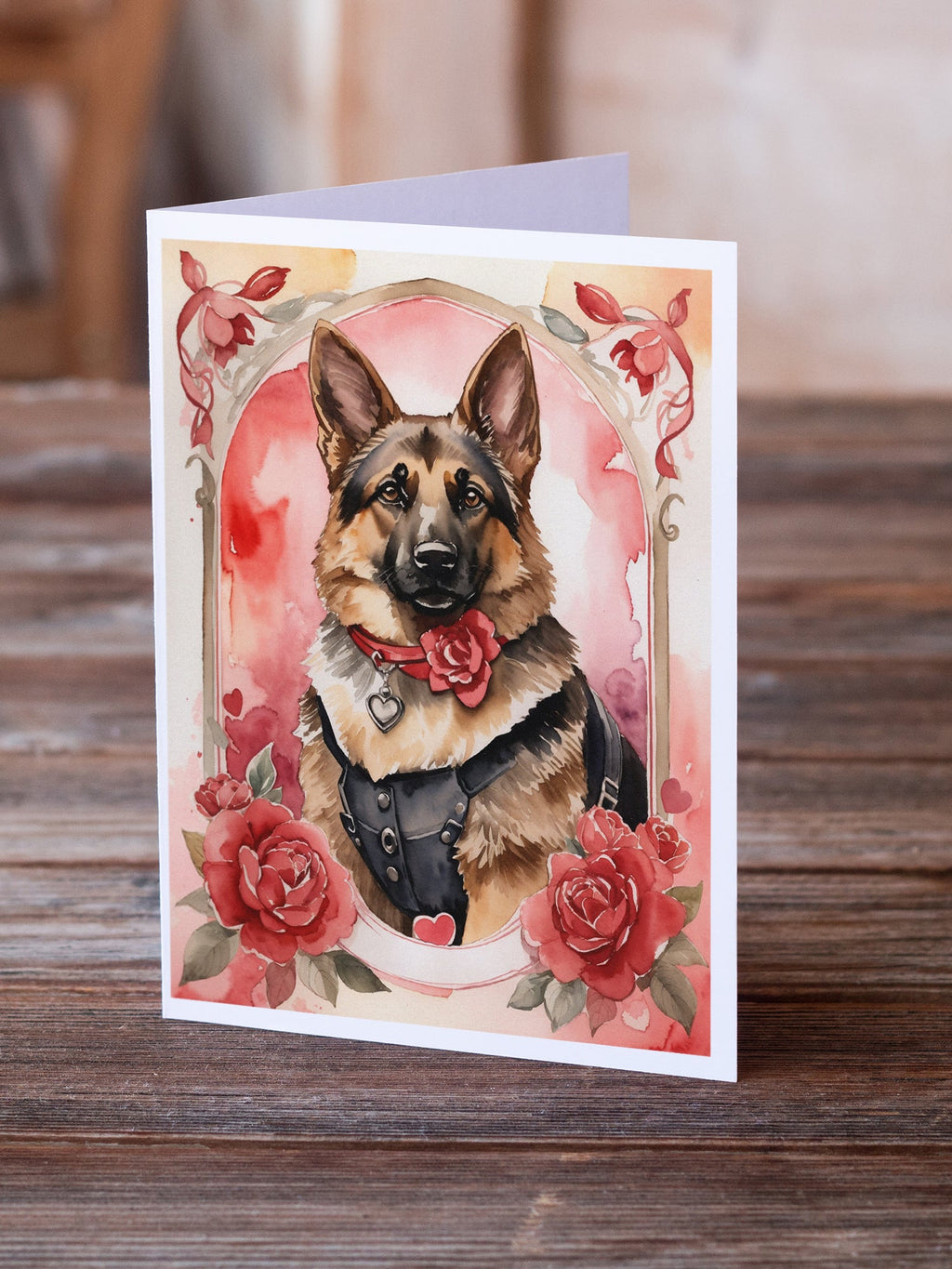 German Shepherd Valentine Roses Greeting Cards Pack of 8 Blank Cards with Envelopes Whimsical A7 Size 5x7