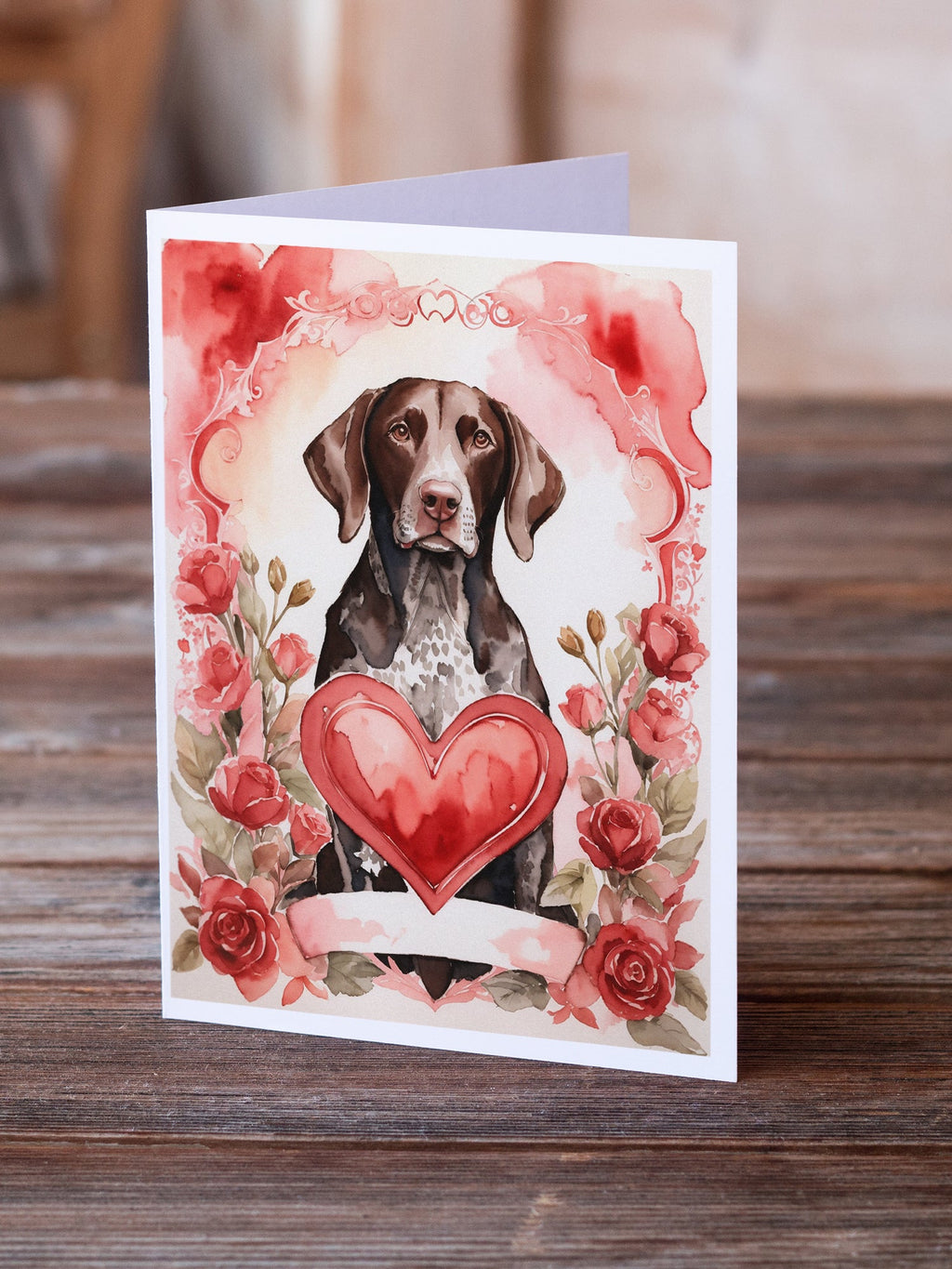 German Shorthaired Pointer Valentine Roses Greeting Cards Pack of 8 Blank Cards with Envelopes Whimsical A7 Size 5x7