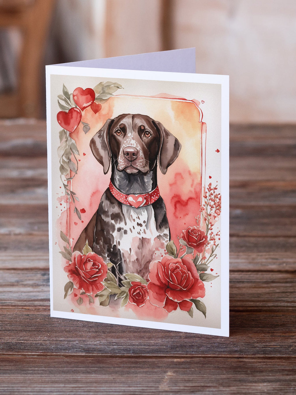 German Shorthaired Pointer Valentine Roses Greeting Cards Pack of 8 Blank Cards with Envelopes Whimsical A7 Size 5x7