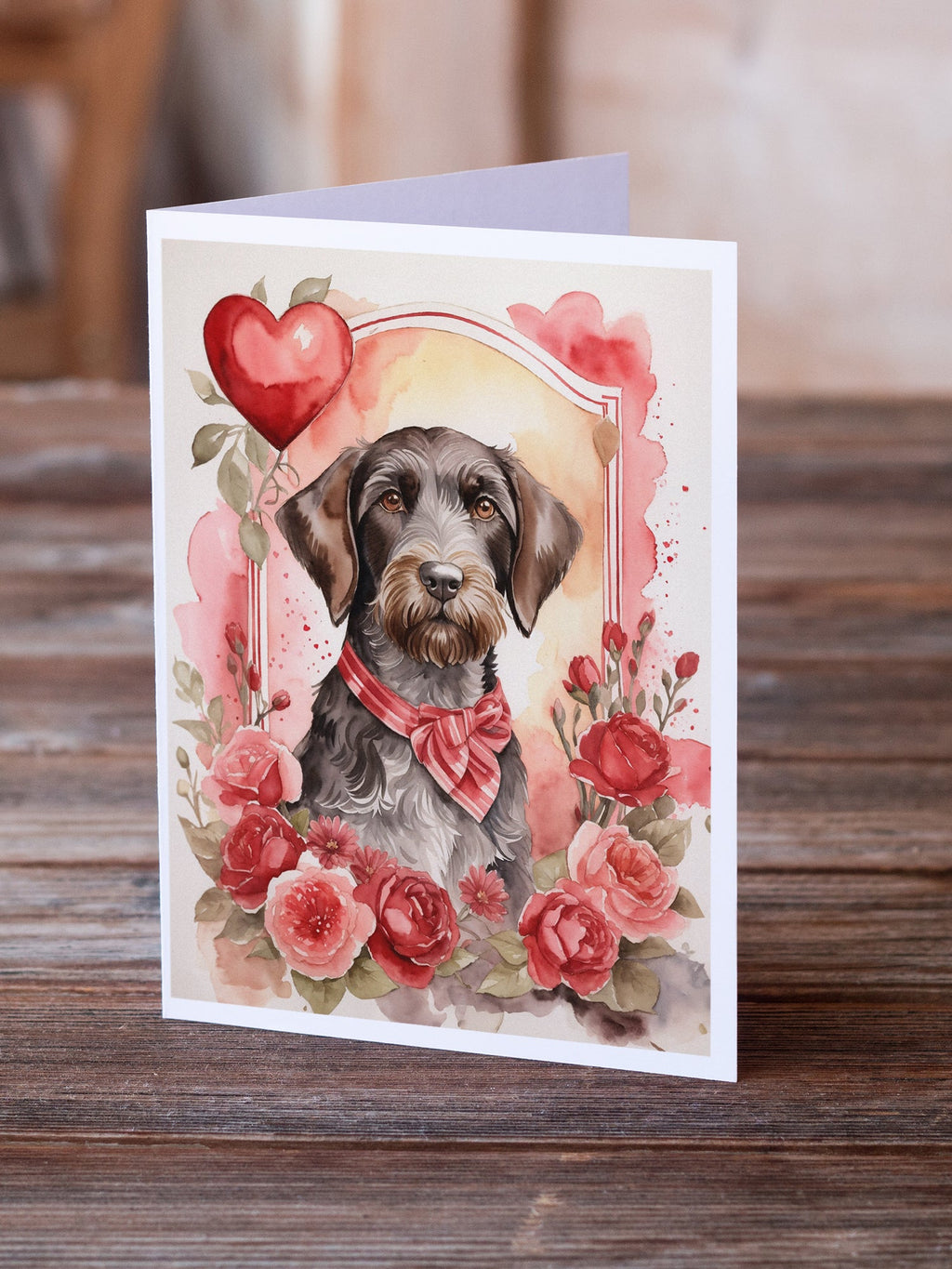 German Wirehaired Pointer Valentine Roses Greeting Cards Pack of 8 Blank Cards with Envelopes Whimsical A7 Size 5x7