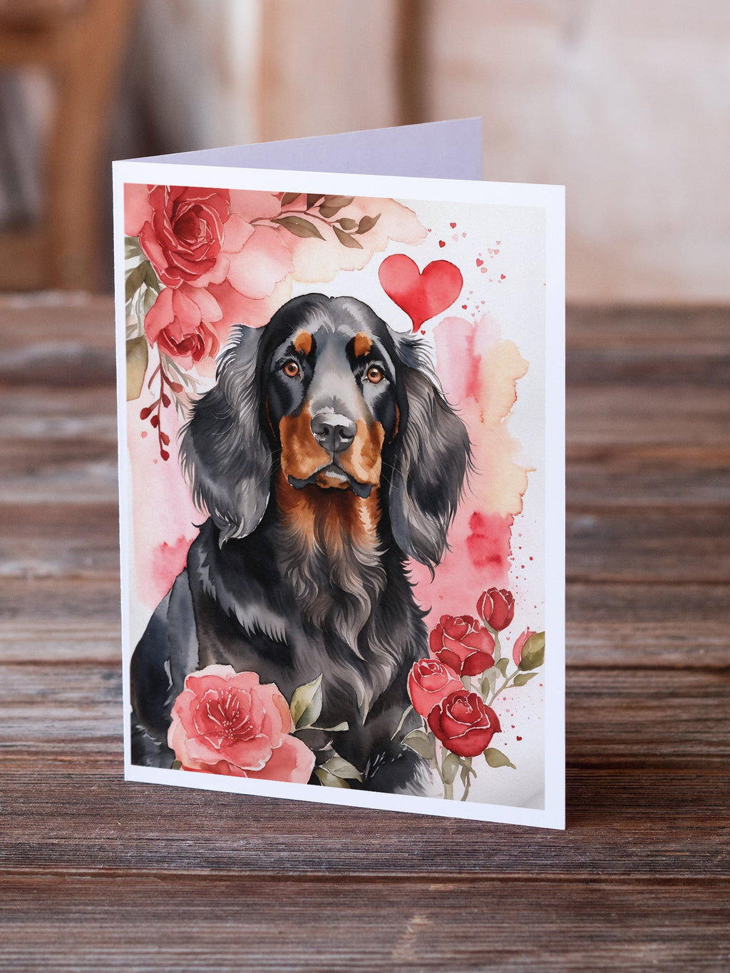 Gordon Setter Valentine Roses Greeting Cards Pack of 8 Blank Cards with Envelopes Whimsical A7 Size 5x7