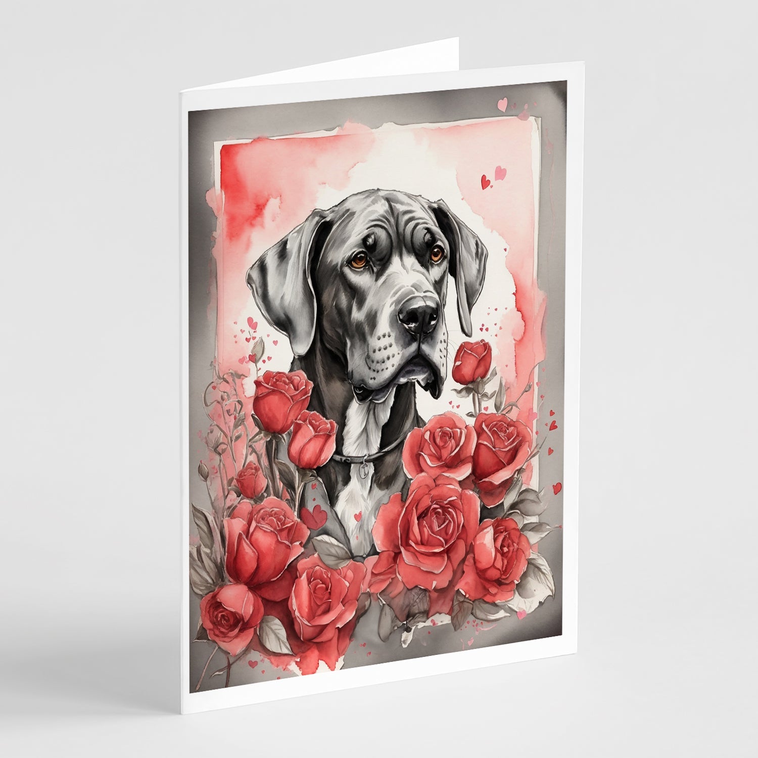 Great Dane Valentine Roses Greeting Cards Pack of 8 Blank Cards with Envelopes Whimsical A7 Size 5x7