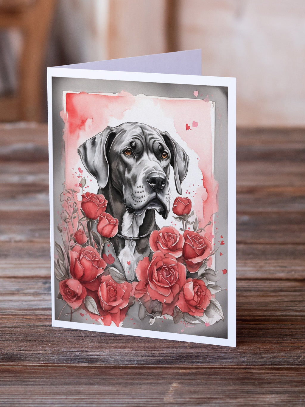 Great Dane Valentine Roses Greeting Cards Pack of 8 Blank Cards with Envelopes Whimsical A7 Size 5x7